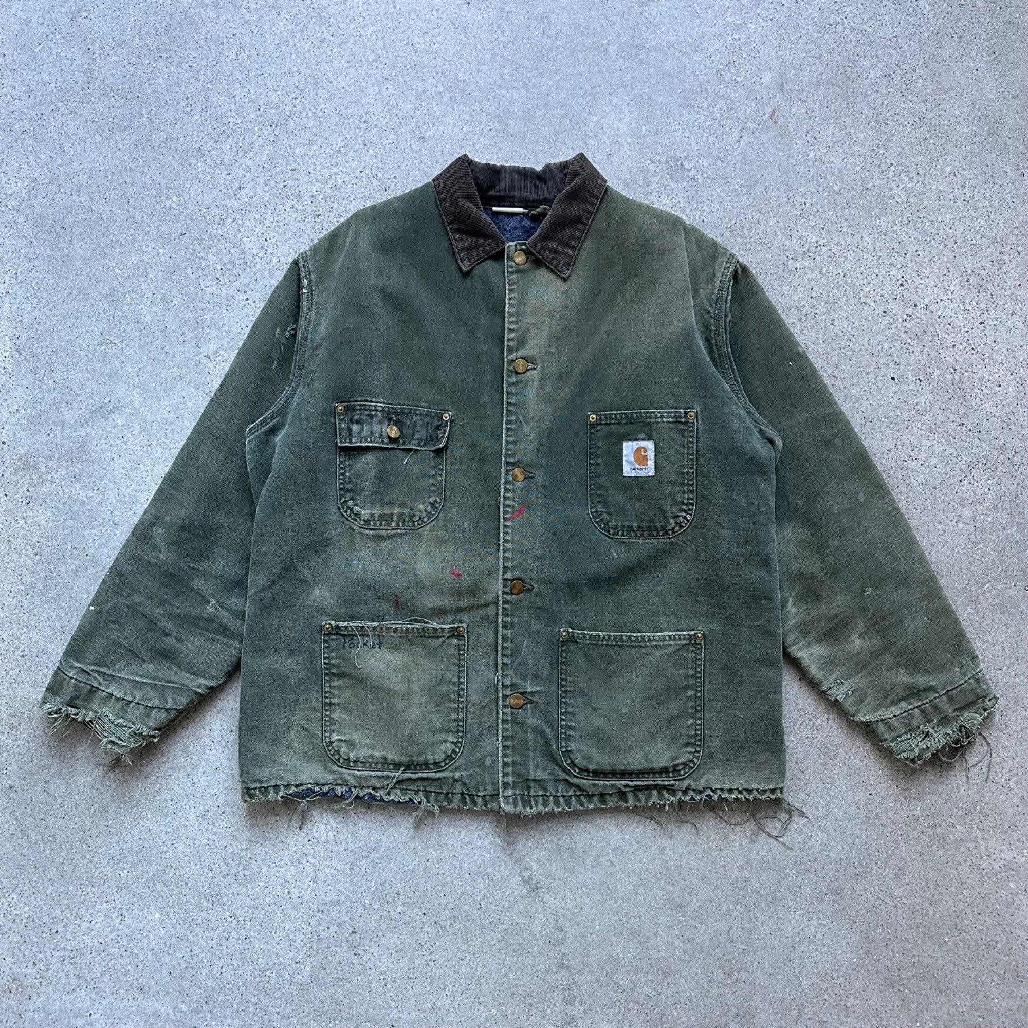 image of Vintage Carhartt Olive Sun Faded Distressed Chore Jacket, Men's (Size XL)