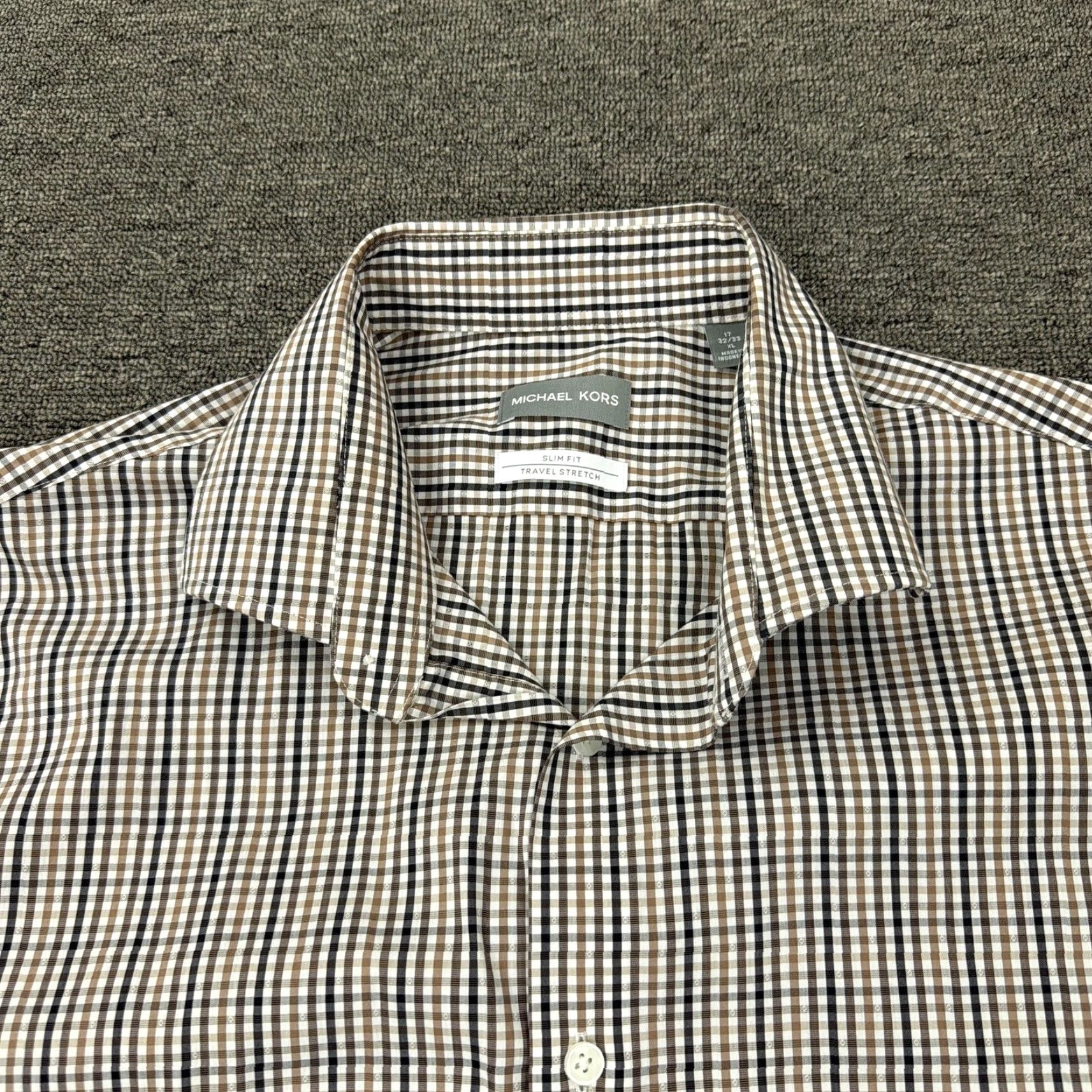 Michael Kors VINTAGE? No. Michael Kors Shirt Mens 17 32/33 Brown Check Dress Slim Fit Travel Stretch Shirt Mens XL Brown Check Dress Shirt Womens? Size 46R - 2 Thumbnail