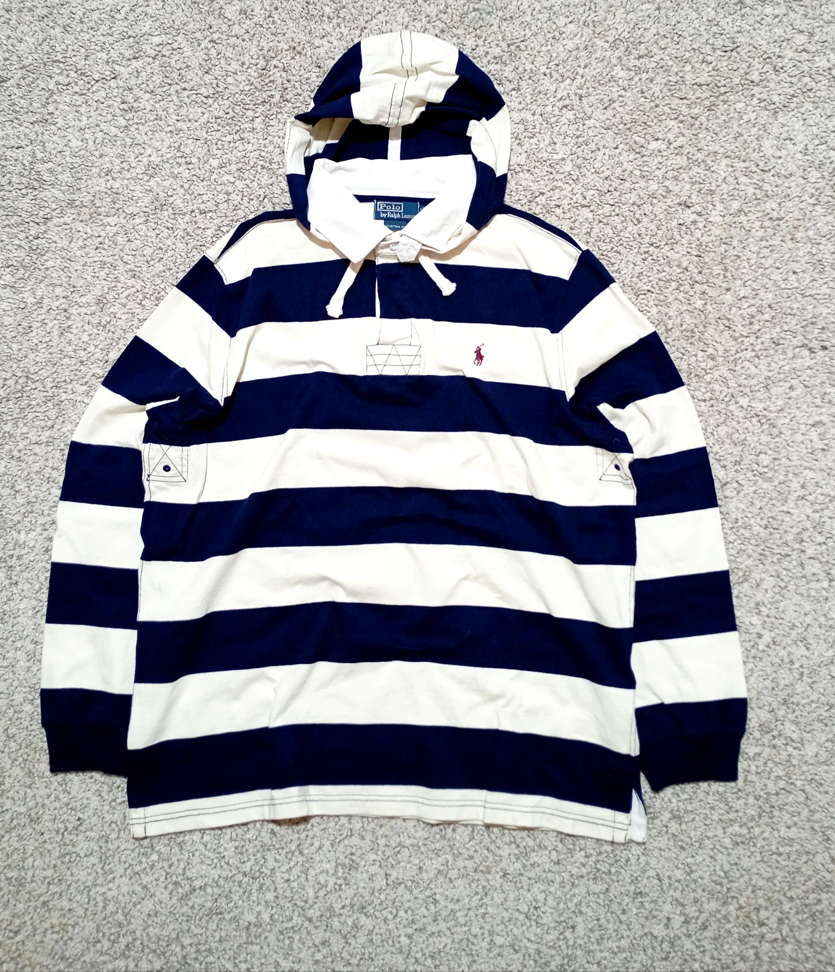 Polo Ralph Lauren Vintage Polo Ralph Lauren Striped Boxy Rugby Hooded Shirt Size US XXL / EU 58 / 5 - 2 Thumbnail