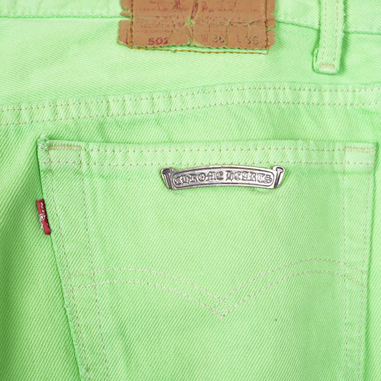 Chrome Hearts CHROME HEARTS SLIME NEON GREEN SEX RECORDS CROSS PATCH JEANS Size US 33 - 11 Thumbnail