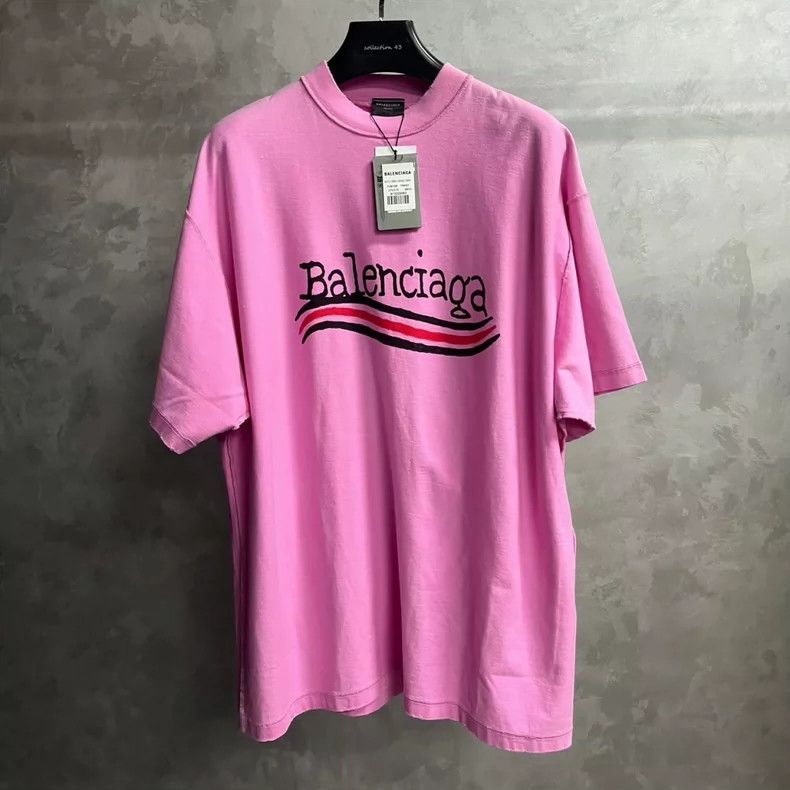 Balenciaga Pink Logo Printed Pullover Short Sleeve Tee