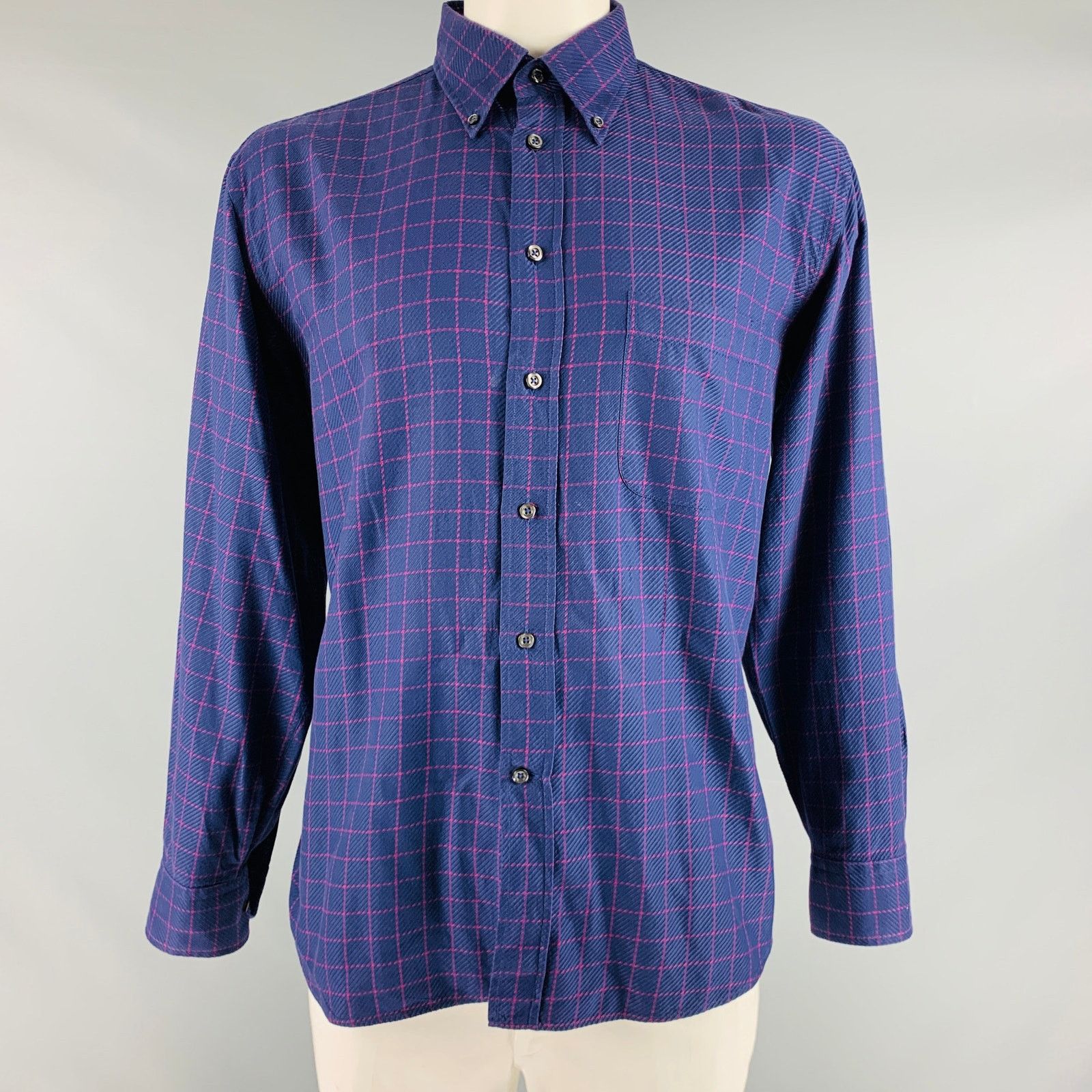 Canali Purple Fuchsia Window Pane Cotton One pocket Shirt Size US L / EU 52-54 / 3 - 1 Thumbnail