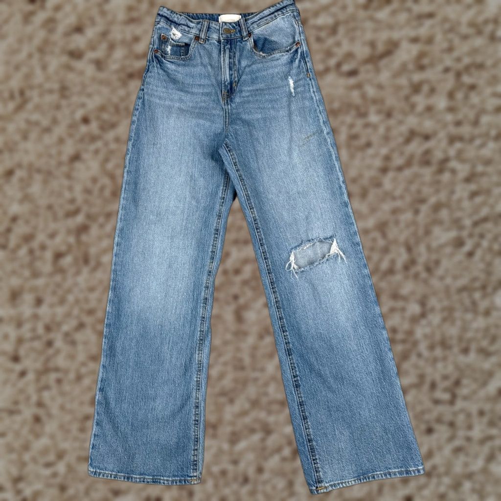 H&M H&M Jeans Womens 6 Blue Denim Distressed Wide Leg High Rise Cotton Blend 25x29 Size 28" / US 6 / IT 42 - 1 Thumbnail