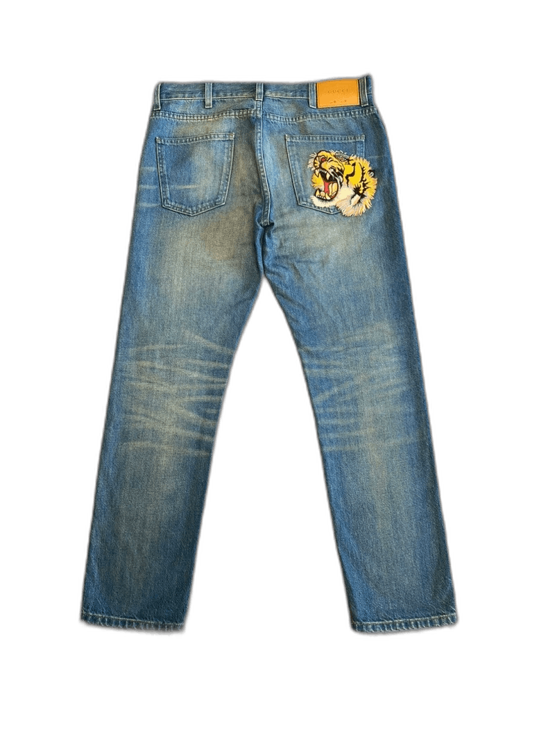 Gucci Embroidered Tiger Patch Denim Pants-2505