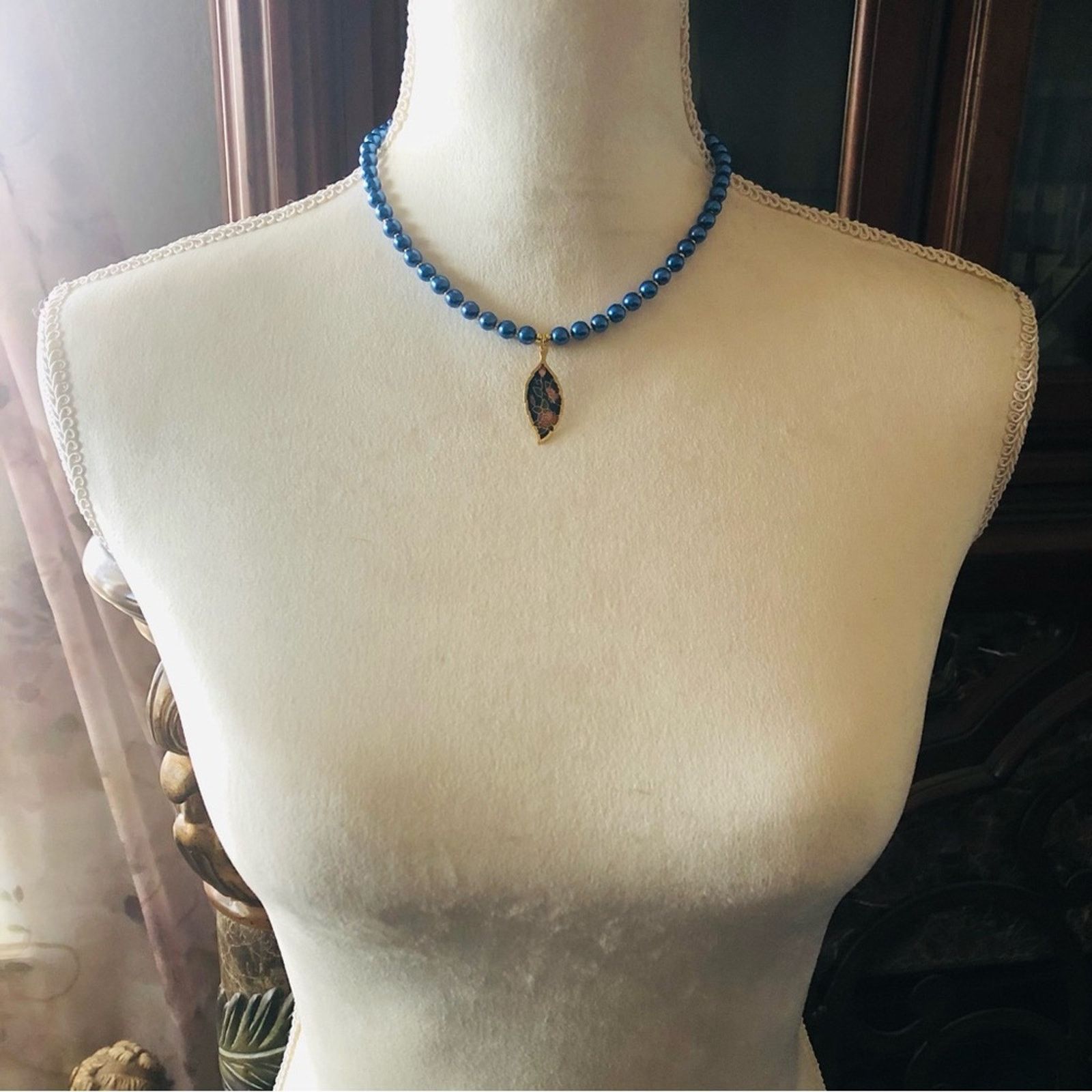 Handmade Handcrafted repurpose blue cloisonné pendant Pearl necklac Size ONE SIZE - 5 Thumbnail