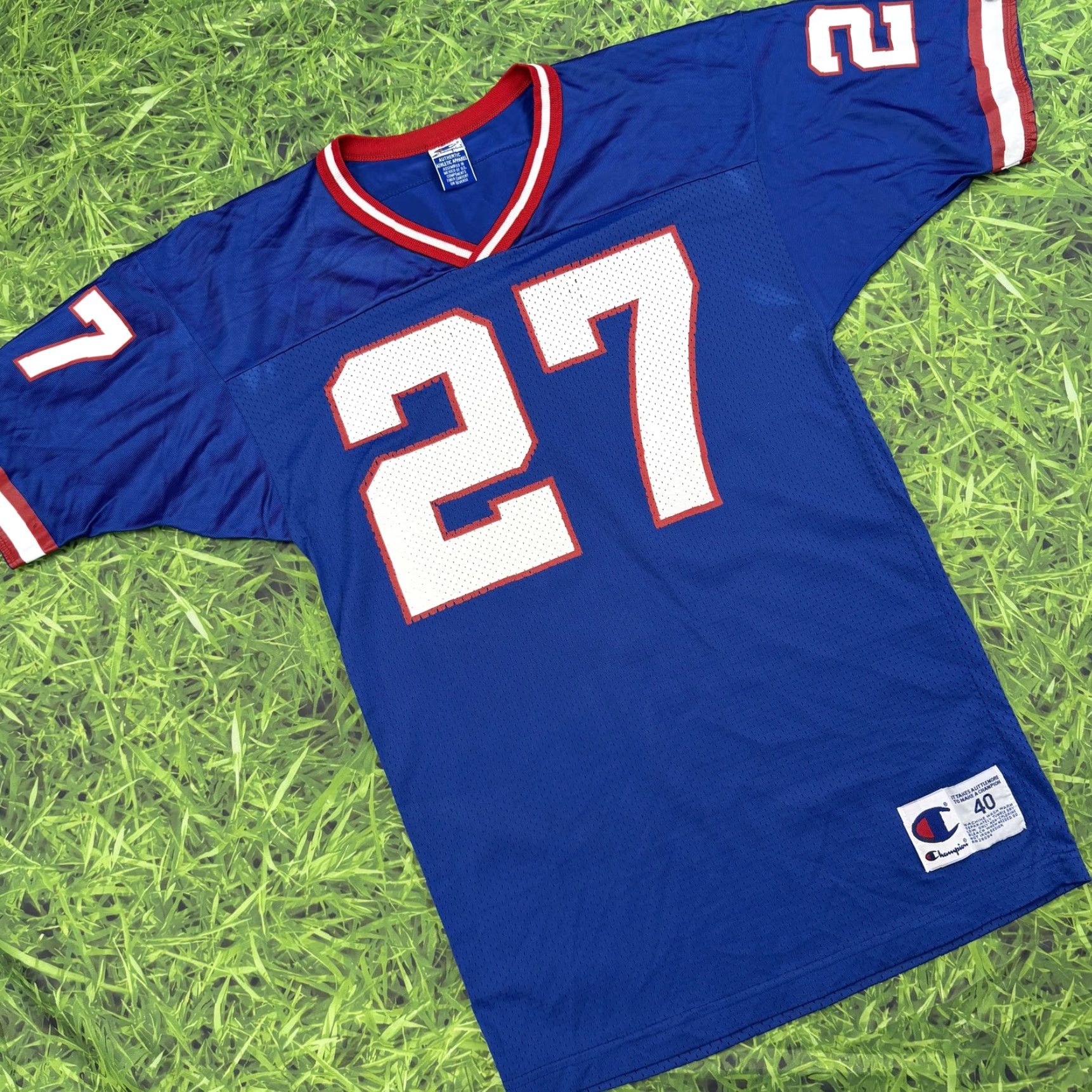 Champion VINTAGE Champion Football Jersey Mens M Blue NY Giants 90s Hampton 27 Raglan Short Sleeve T-Shirt Pullover Graphic Print Size US M / EU 48-50 / 2 - 2 Thumbnail