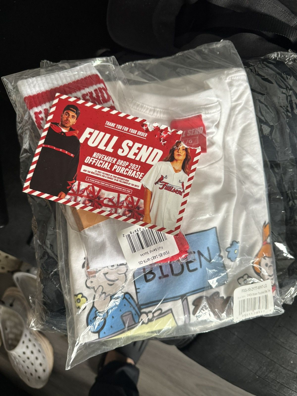 image of Full Send By Nelk Boys Biden Touched Me T-Shirt In White November 2021 Drop, Men's (Size Large)