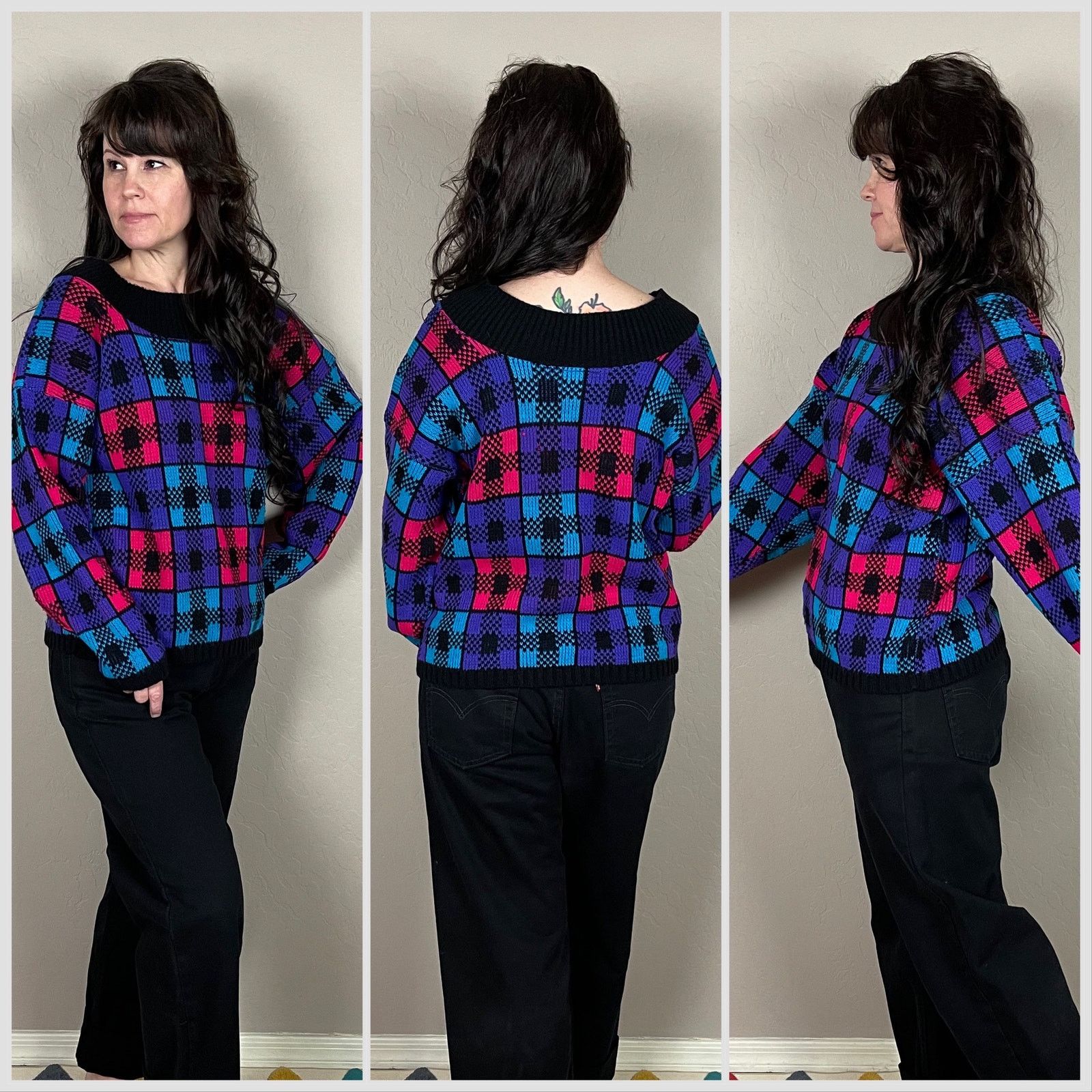 Vintage 1980s Hot Pink and Purple Plaid Cropped Pullover Sweater Size L / US 10 / IT 46 - 2 Thumbnail