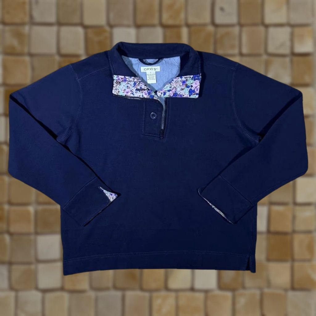 Orvis Orvis Navy Floral 1/4 Zip Button Pullover Sweatshirt Women Large Size L / US 10 / IT 46 - 1 Thumbnail