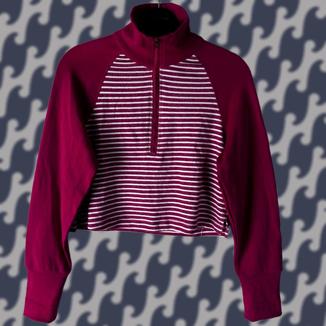 Vintage Pilcro Anthropologie Magenta White Striped Cropped Quarter Zip Sweatshirt XS Size XS / US 0-2 / IT 36-38 - 1 Thumbnail