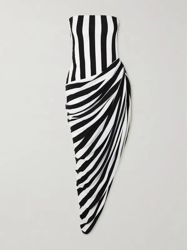 Balmain o1s1wg110725 Draped Striped Jersey Gown in Black/White Size M / US 6-8 / IT 42-44 - 1 Thumbnail