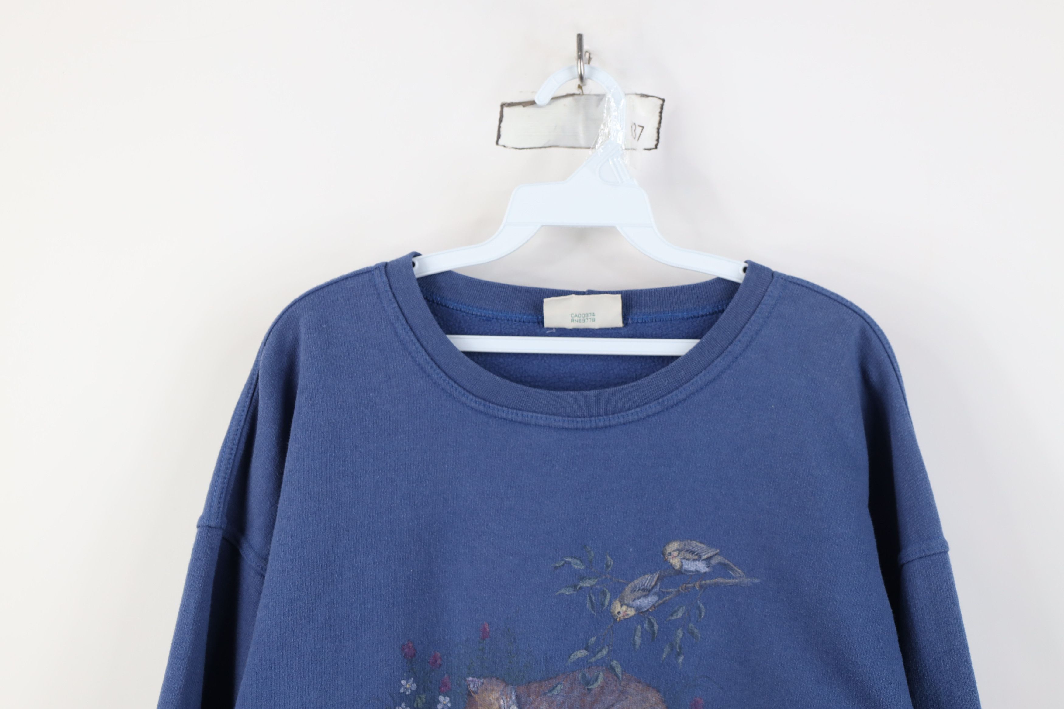 Vintage Vintage 90s Streetwear Cat Kitten Bird Sweatshirt Blue Size XXL / US 16-18 / IT 52-54 - 2 Thumbnail