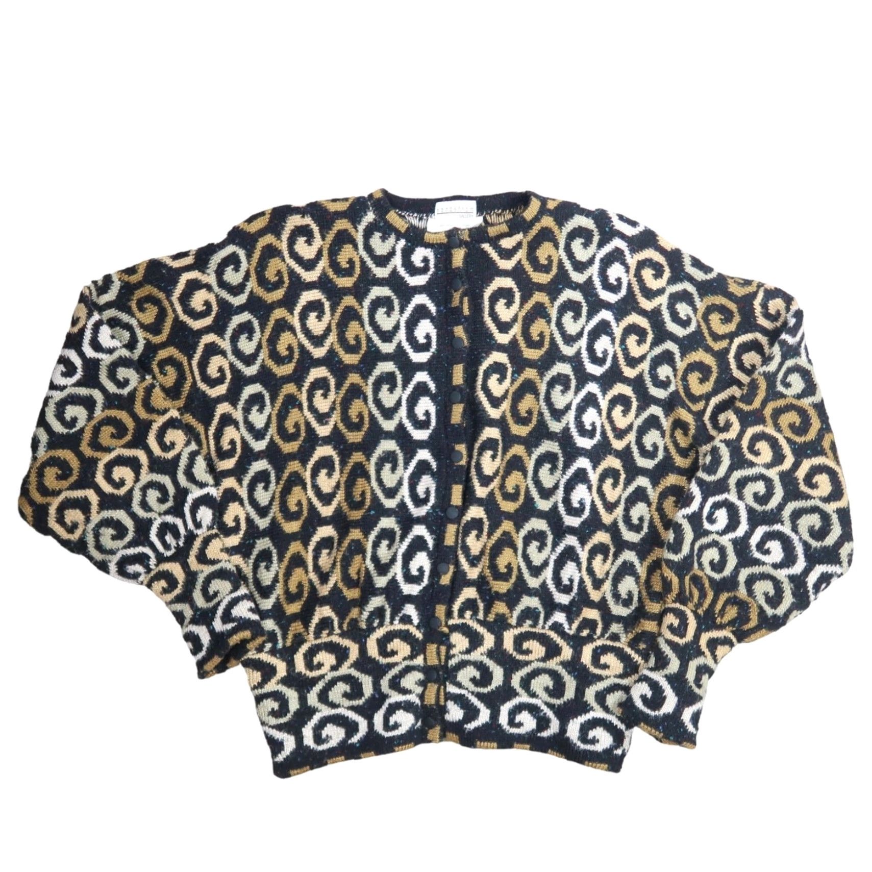 Nordstrom VINTAGE Nordstrom Gallery Cardigan Wool Silk Ballon Sleeve Black Tan Print S Women 80s Fall Winter Geometric Swirl Pattern Knit Size S / US 4 / IT 40 - 7 Thumbnail