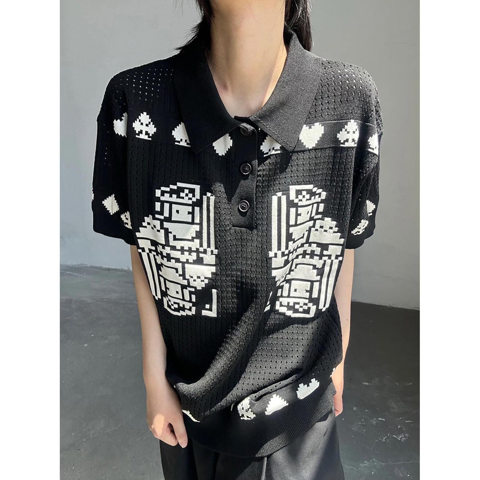 Japanese Brand Black Knit Polo Shirt with Graphic Print, Relaxed Fit Size US M / EU 48-50 / 2 - 4 Thumbnail