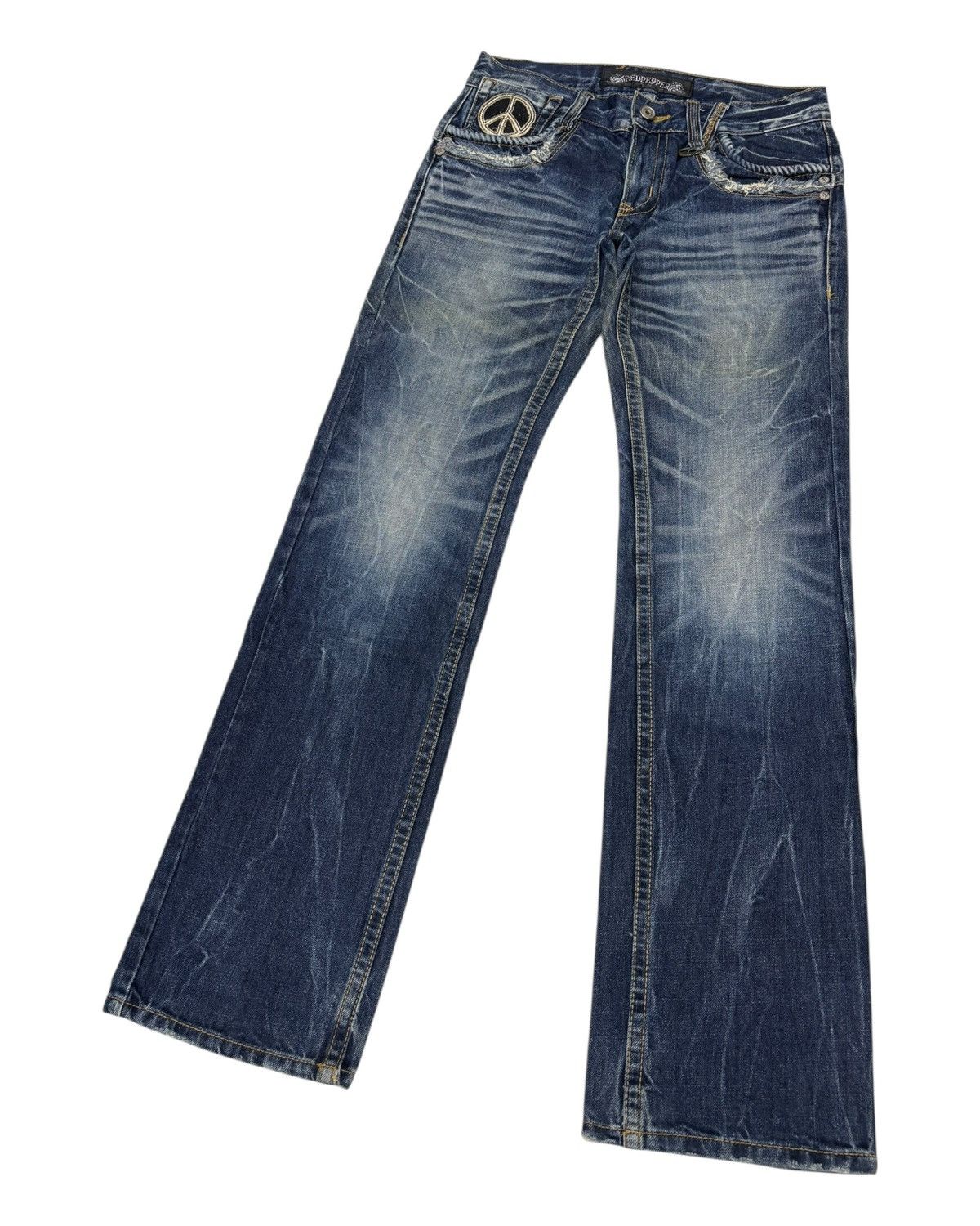 Tornado Mart 🔥RED PEPPER ☮️ EMBROIDERY FLARED JEANS DISTRESSED DENIM Size US 33 - 6 Thumbnail