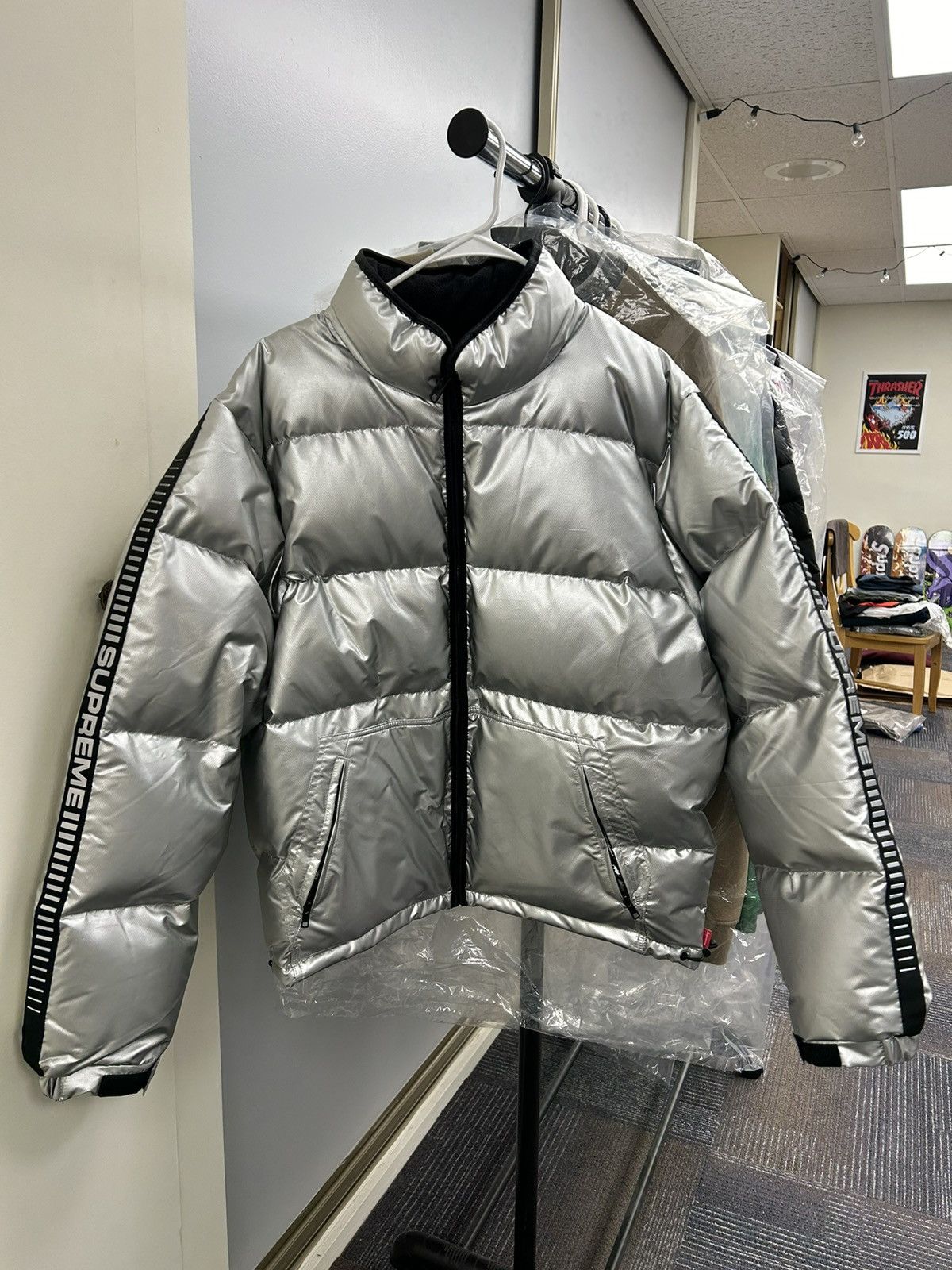 Supreme Supreme Reflective Sleeve Logo Puffy Jacket Silver FW17 ...