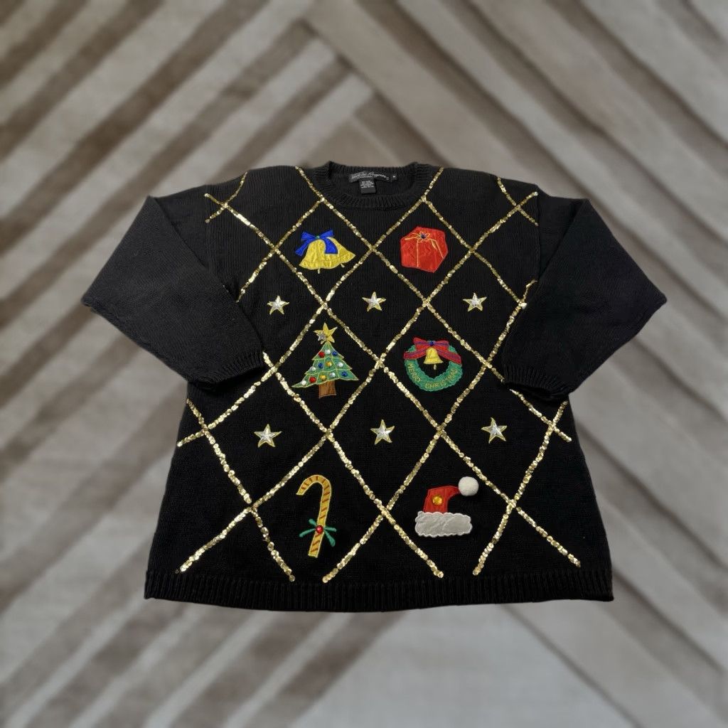 Vintage VINTAGE Gladys Bagley Christmas Sweater Reindeer Knit Pullover Long Sleeve Round Neck Embroidered Glitter Shoulder Pads Black M Women Size M / US 6-8 / IT 42-44 - 1 Thumbnail