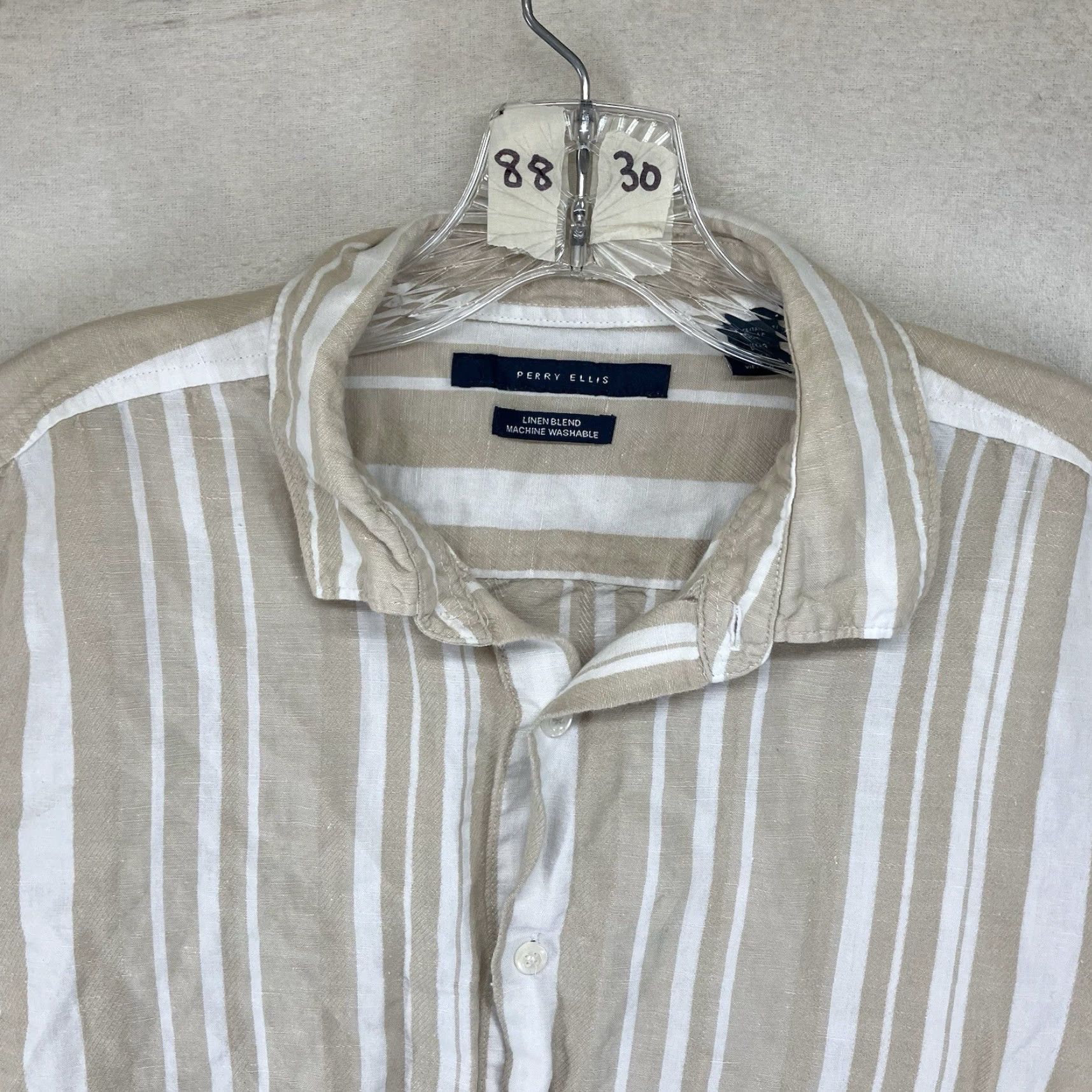 Perry Ellis Vintage Perry Ellis Men's Linen Blend Shirt Large Short Sleeve Beige Striped Casual Summer Beach boating Size US L / EU 52-54 / 3 - 5 Thumbnail