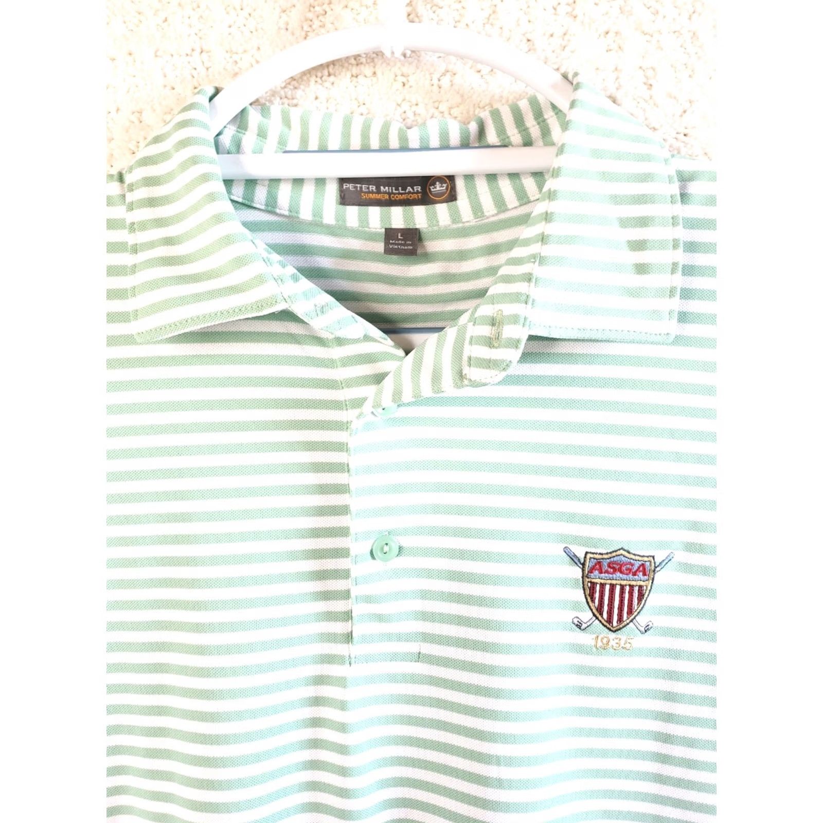 Peter Millar Peter Millar Summer Comfort Polo Shirt Striped Short Sleeve Button Front Mens L Green White Size US L / EU 52-54 / 3 - 4 Thumbnail