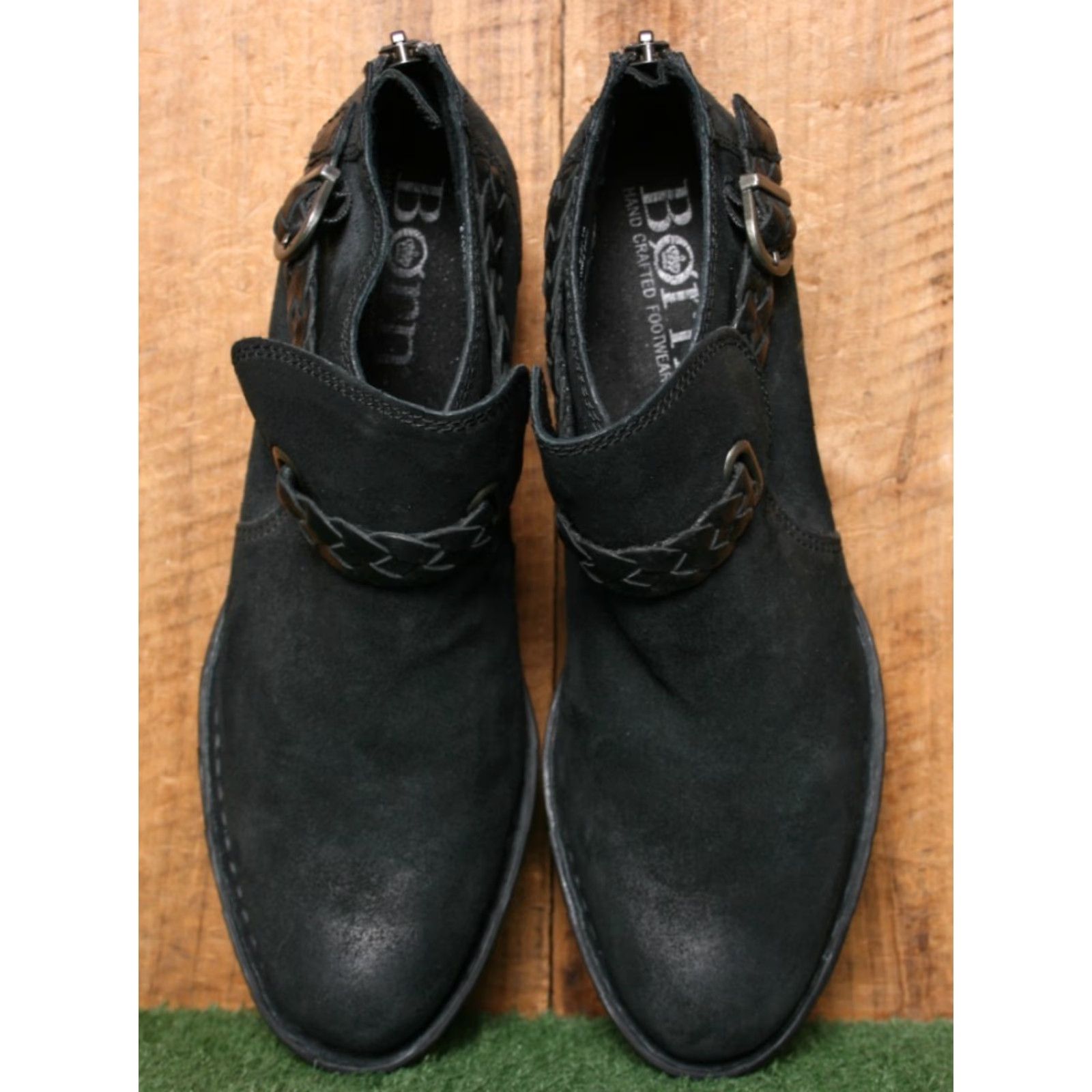 Born BORN Sylvia Black Burnished Suede Bootie Women's Low Ankle Boot 6.5 M Bucket Buckle Strap Zip Size US 7 / IT 37 - 4 Thumbnail