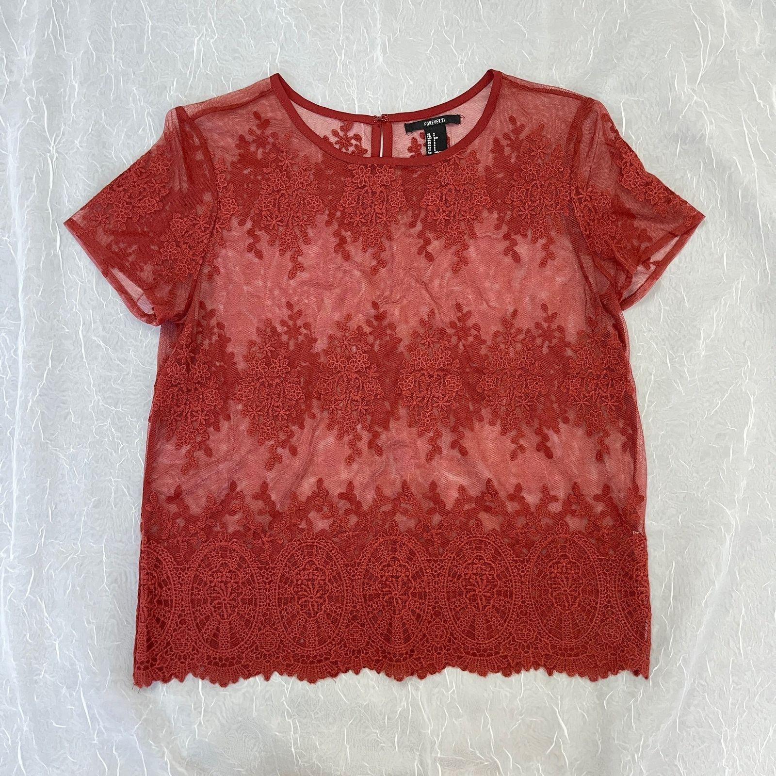Forever 21 Rust Sheer Mesh Lace T Shirt Scalloped Hem Forever 21 Small Size S / US 4 / IT 40 - 12 Thumbnail