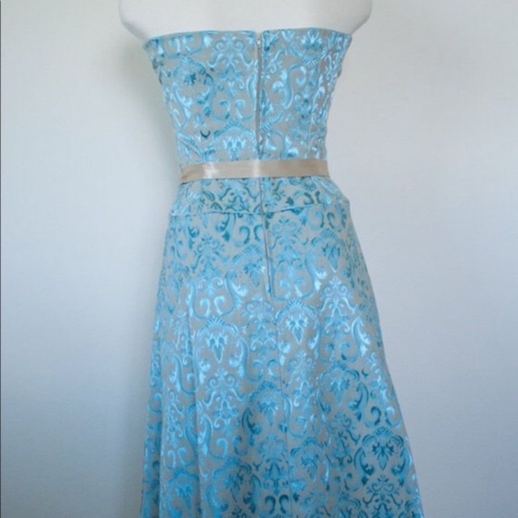 Vintage Womens French Blue Brocade Strapless Dress satin Ribbon Belt Size S / US 4 / IT 40 - 4 Thumbnail