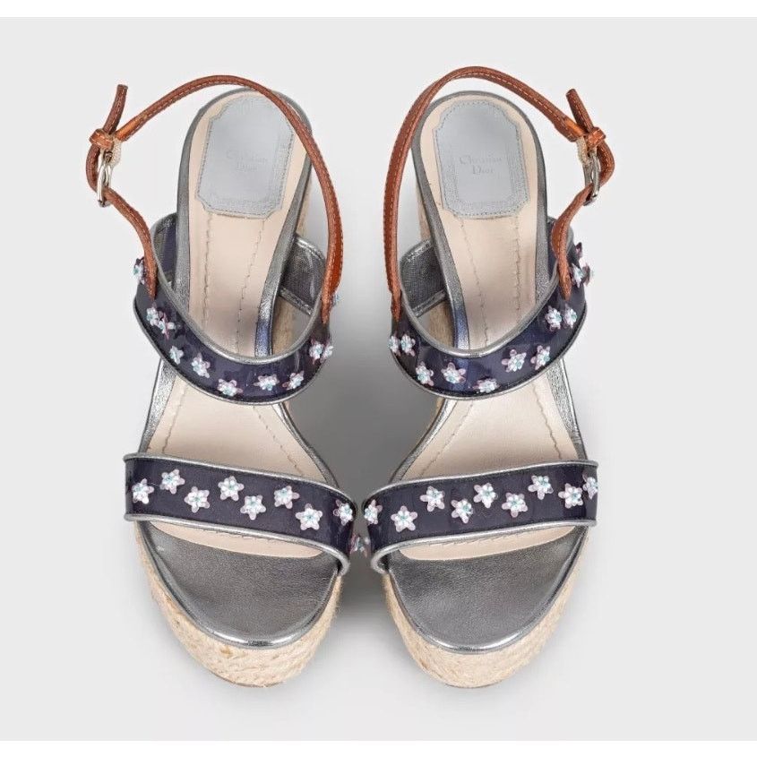Dior Christian Dior Gray Leather Wedge Sandals Sz 39 Size US 8 / IT 38 - 2 Thumbnail