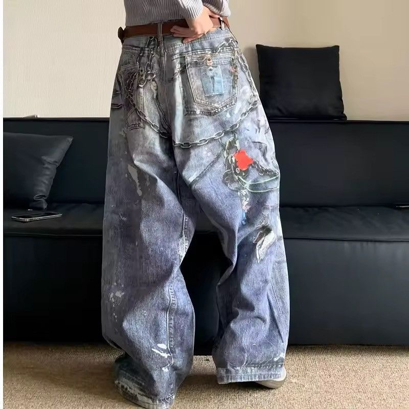 Jean Heavy Streetwear Wide Leg 3D Print Design Pants Jeans Size US 30 / EU 46 - 4 Thumbnail