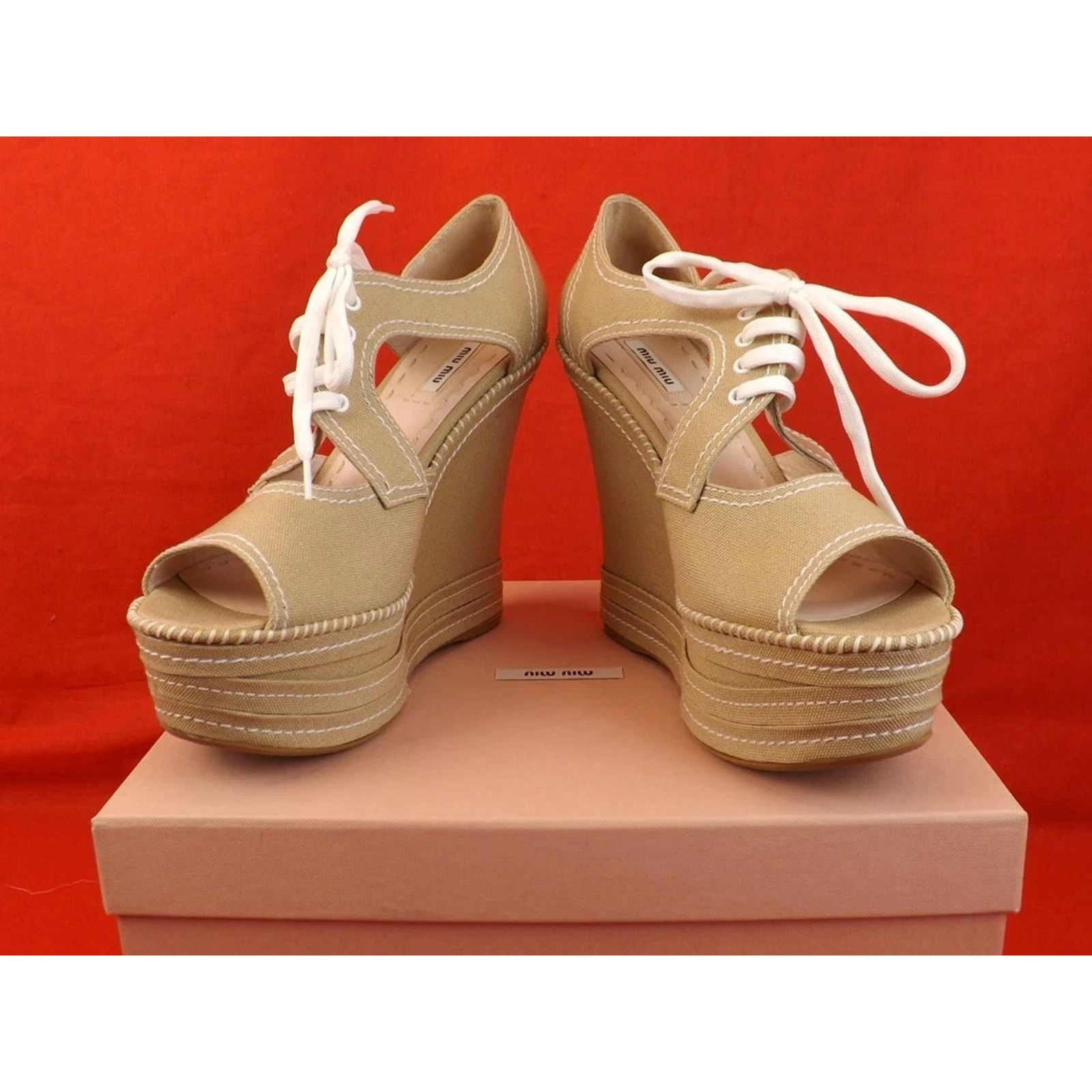 Miu Miu MIU MIU PRADA 5KZ006 BEIGE CANVAS OPEN TOE WEDGE PUMPS 39.5 Size US 9.5 / IT 39.5 - 4 Thumbnail