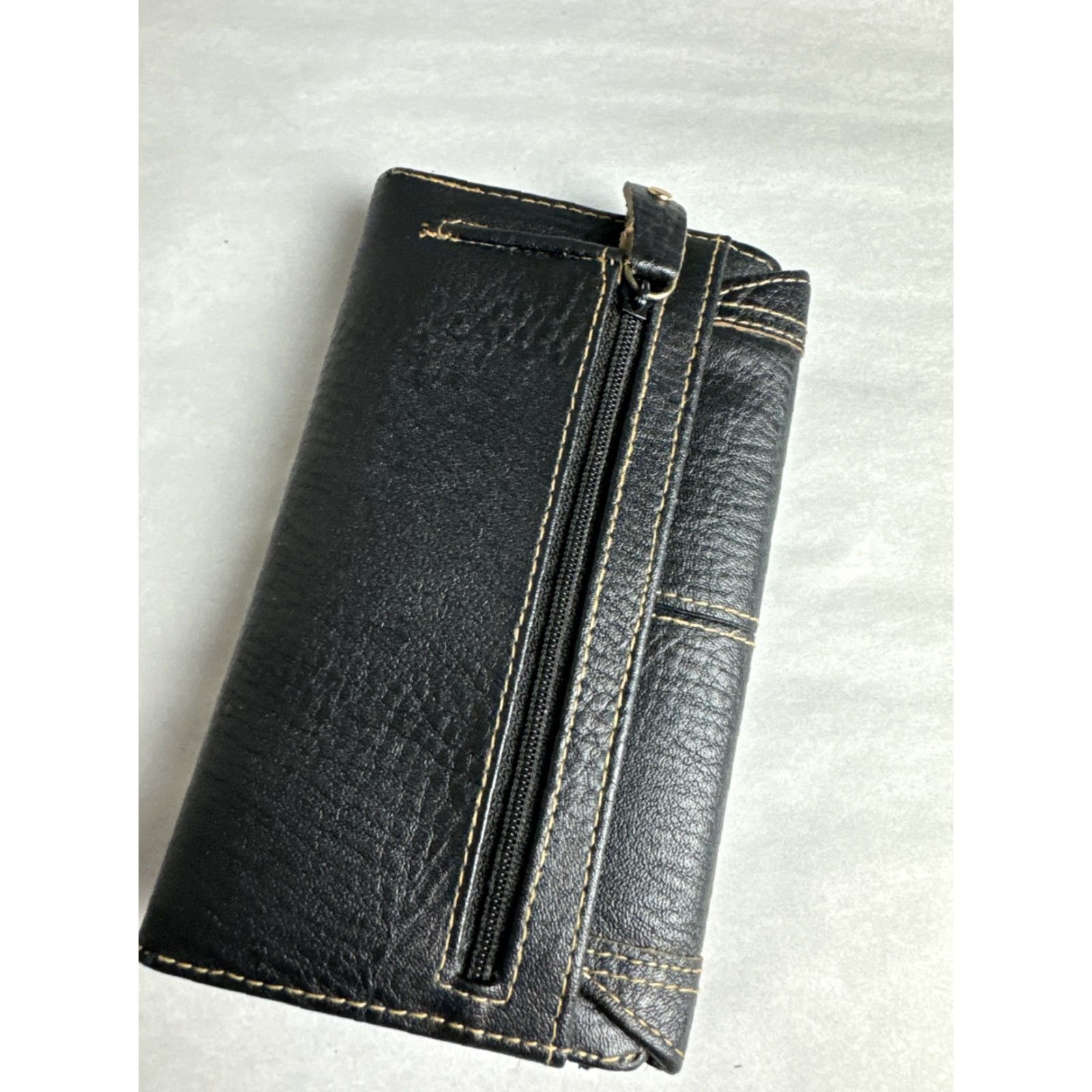 Vintage Black Leather Wallet Unisex Women’s Mens Tri Gold Size ONE SIZE - 2 Thumbnail