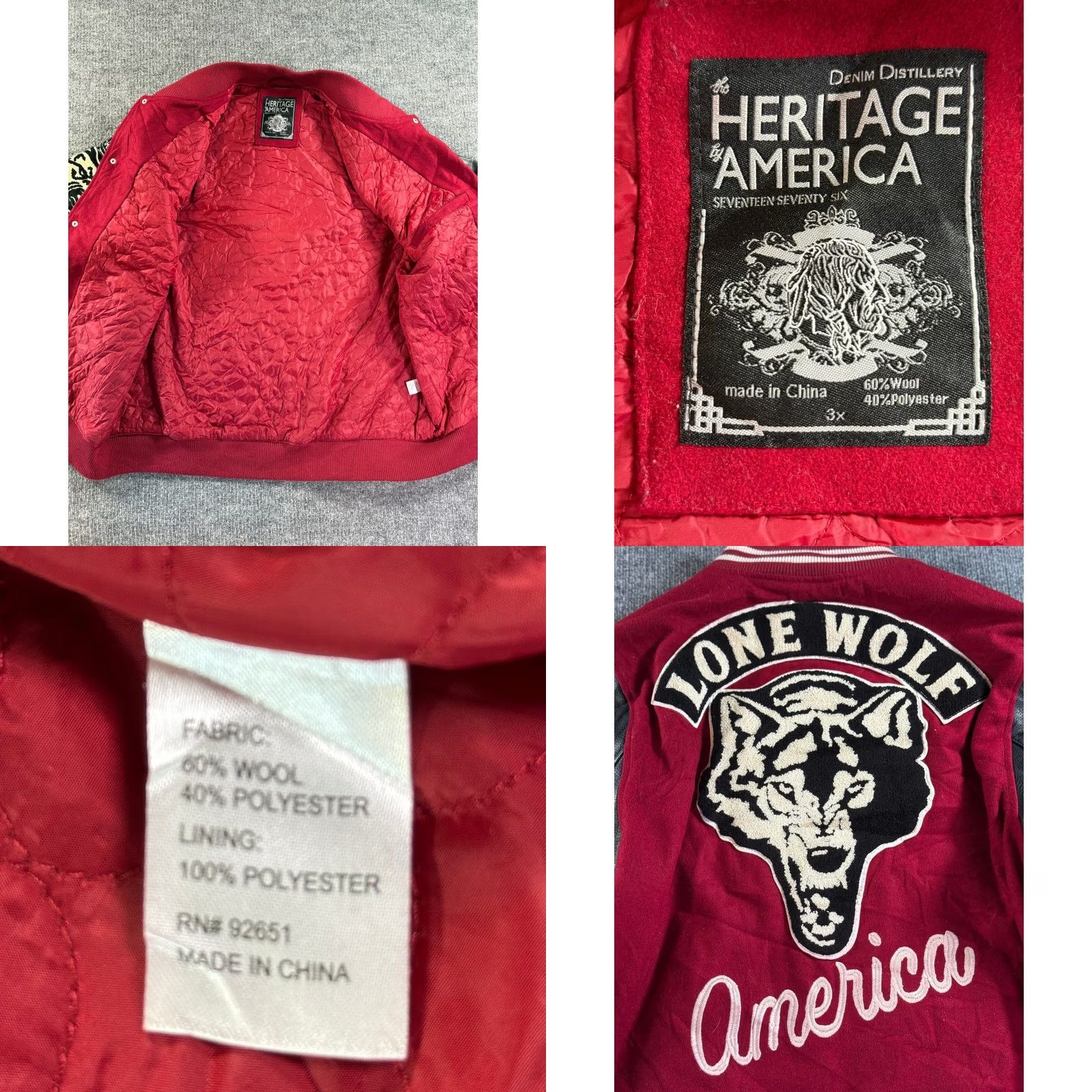 LONE WOLF VINTAGE Heritage America Varsity Jacket Mens 3XL Burgundy Patchwork Letterman Size US XXL / EU 58 / 5 - 9 Thumbnail