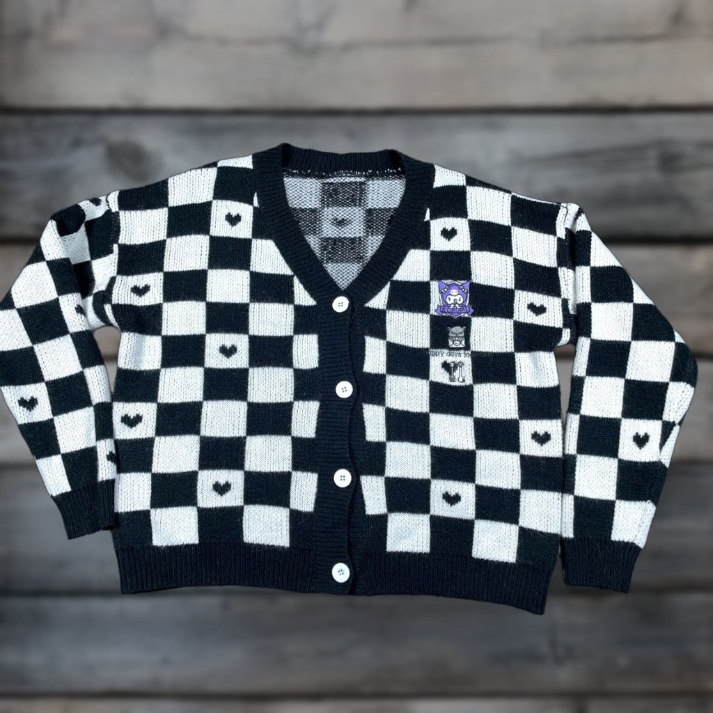 Vintage Kuromi Cardigan Women's XL Black White Check Pattern Embroidered Anime Boxy Fit Sweater Cardigan 90s Hipster Retro Casual Women's Size XL / US 12-14 / IT 48-50 - 1 Thumbnail