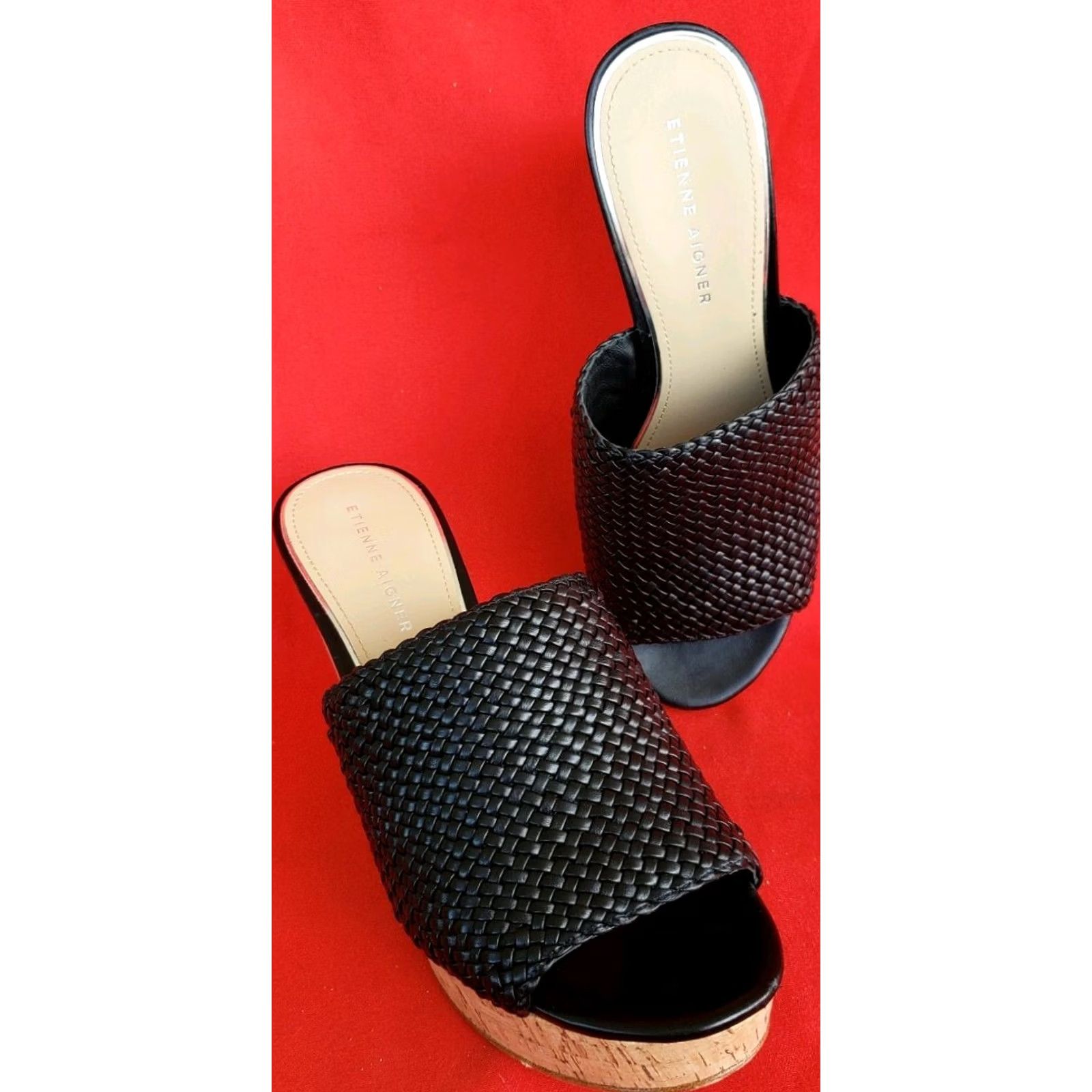 Etienne Aigner Etienne Aigner Women's Black Leather Slide Wedge Sandal 9.5M Woven Crossover Daiquiri Size US 10 / IT 40 - 2 Thumbnail
