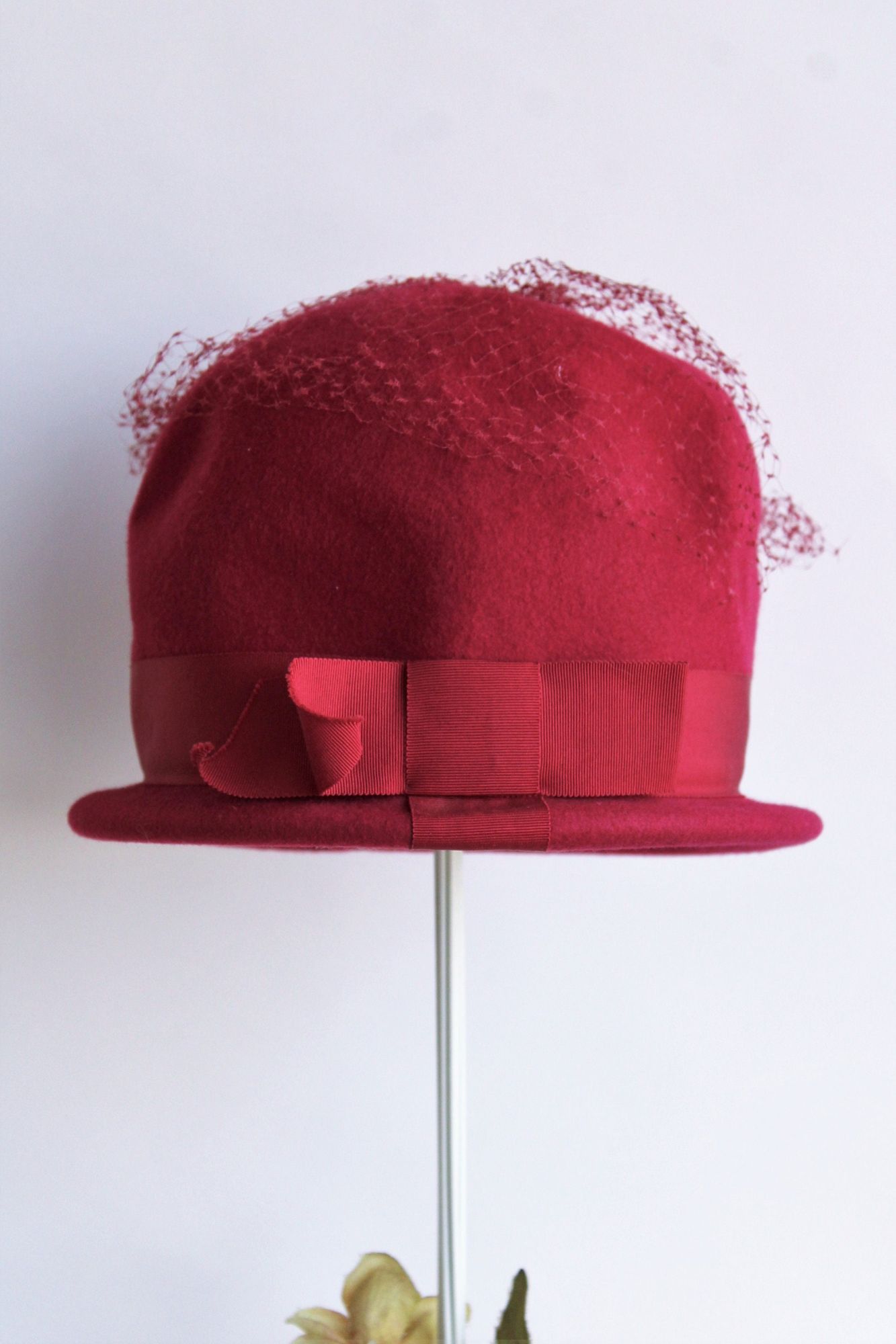 Vintage Vintage 1960s Hat, Red Wool Felt with Veil Trim and Bow, Mil Size ONE SIZE - 5 Thumbnail