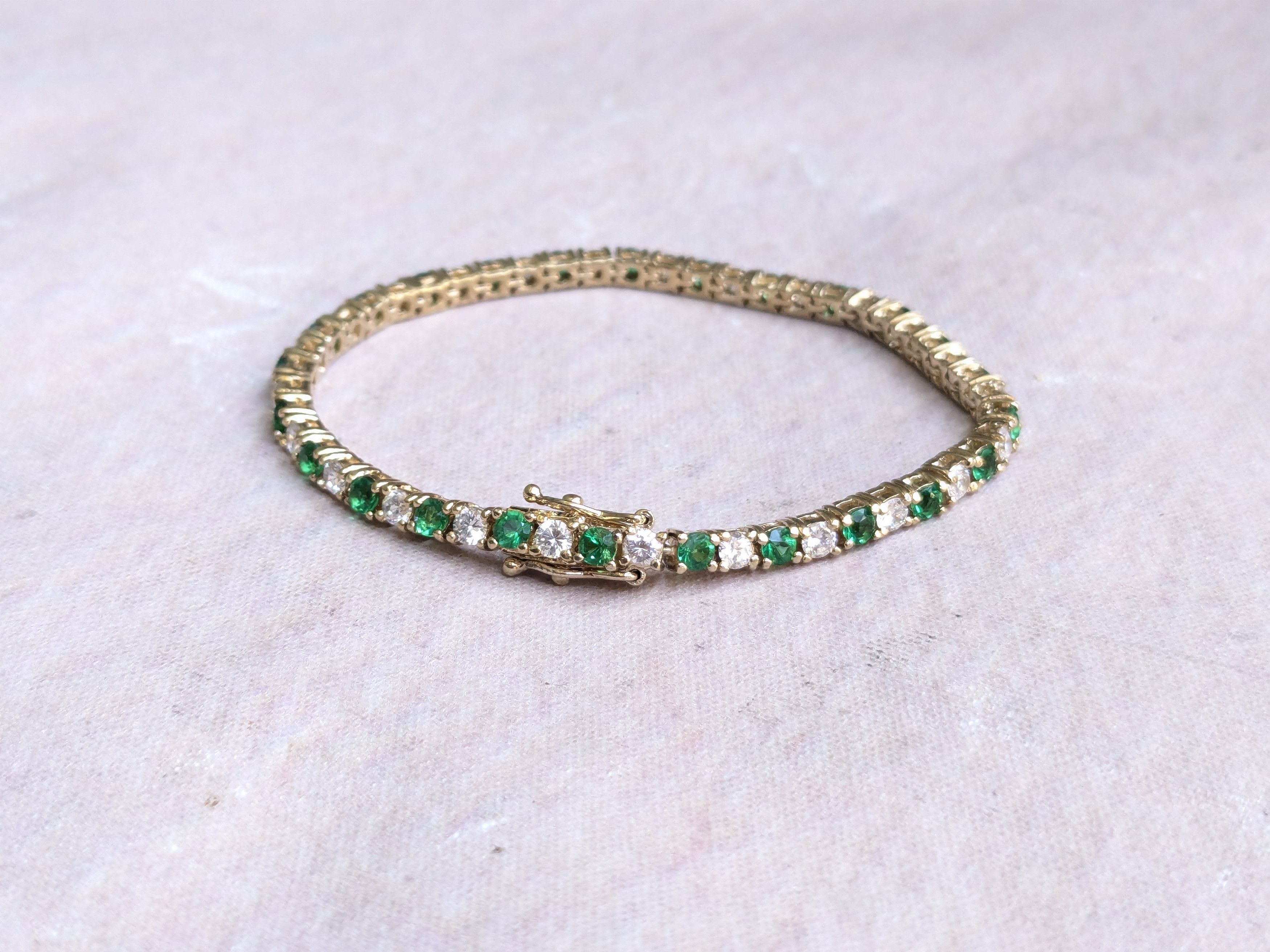 Jewelry Sterling Silver Tennis Bracelet Green Clear CZ Round 7.25 Size ONE SIZE - 4 Thumbnail