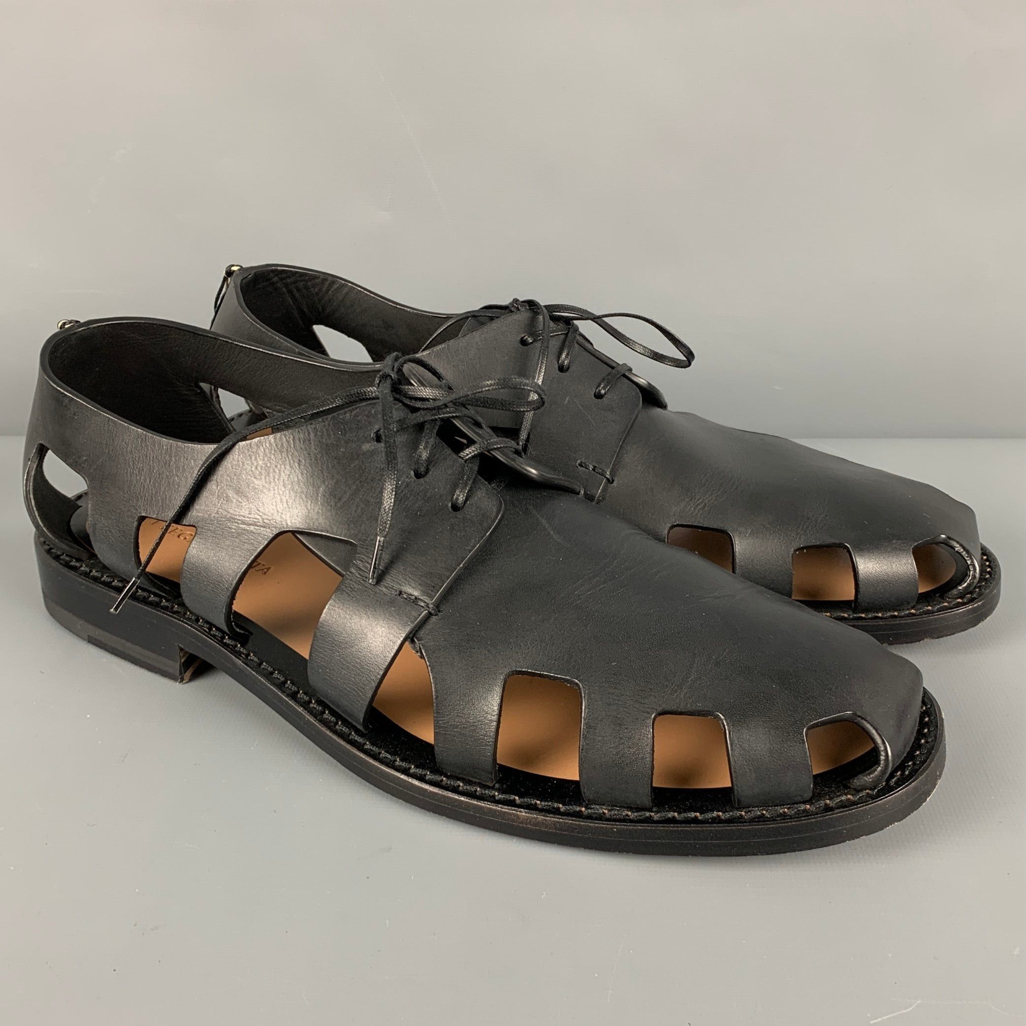 image of Bottega Veneta Black Leather Cutout Laceup Shoes, Men's (Size 10)
