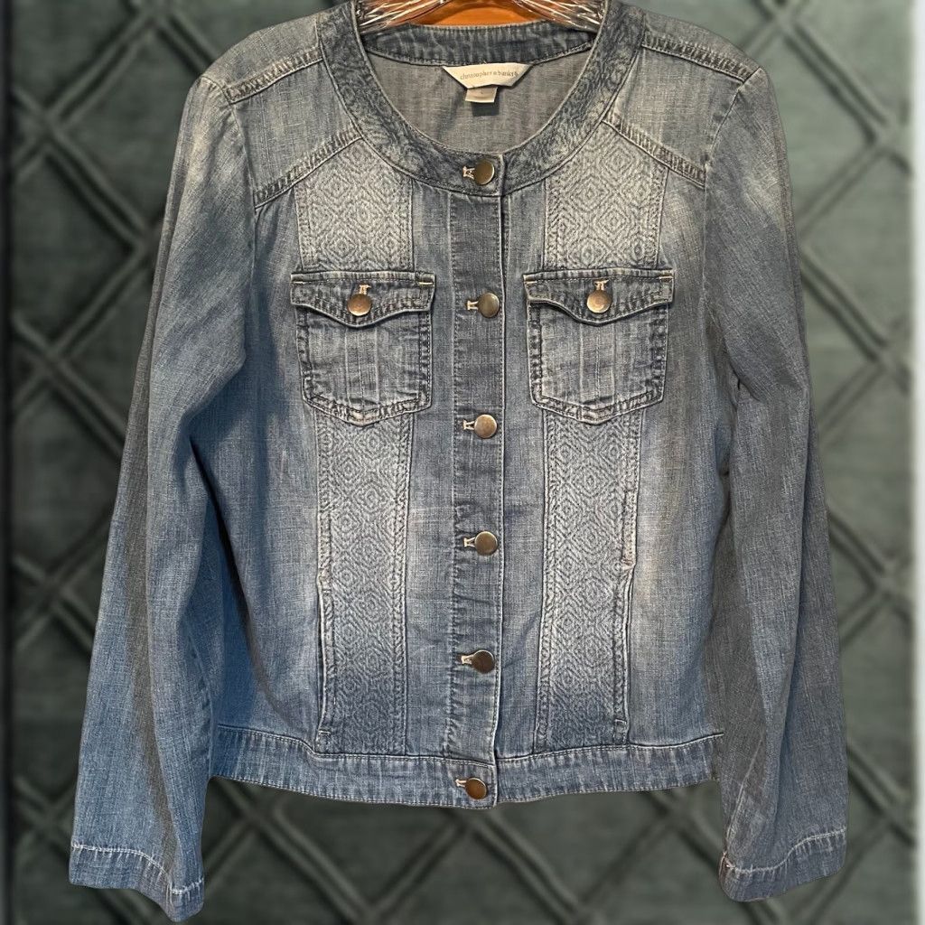 Vintage VINTAGE Christopher & Banks Denim Jean Jacket Women’s L Jacquard Blue Pockets Boho Jacket Mens? Wait. Size 36" / US 14 / IT 50 - 1 Thumbnail