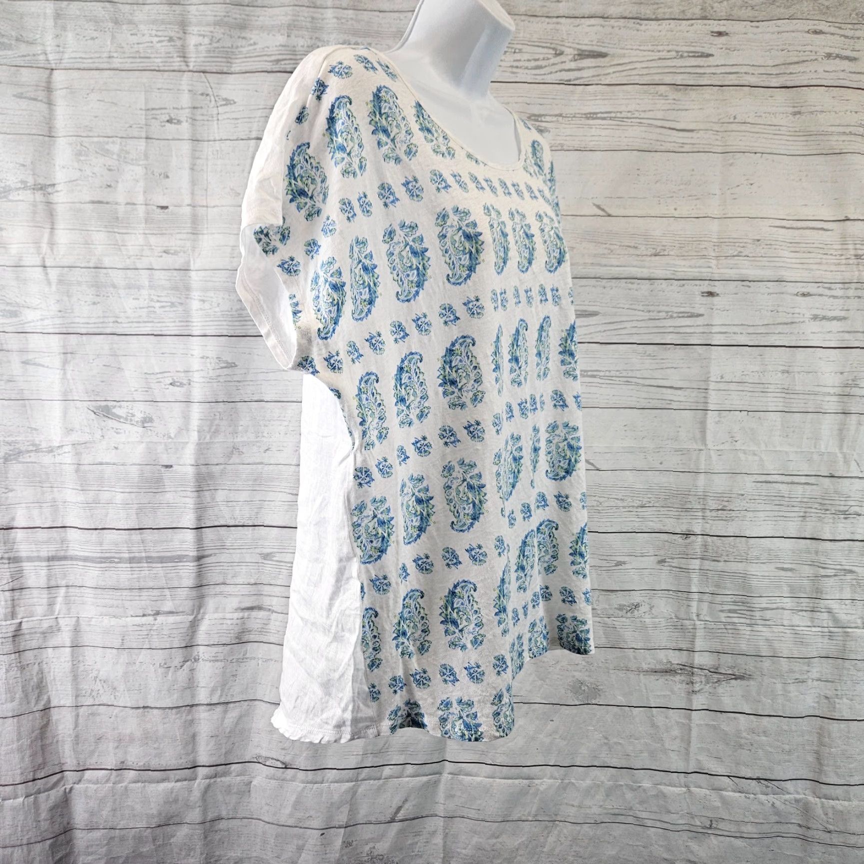J. Jill J Jill Love Linen Womens Top Sz Large White Blue Paisley Short Sleeve Blouse Size L / US 10 / IT 46 - 3 Thumbnail