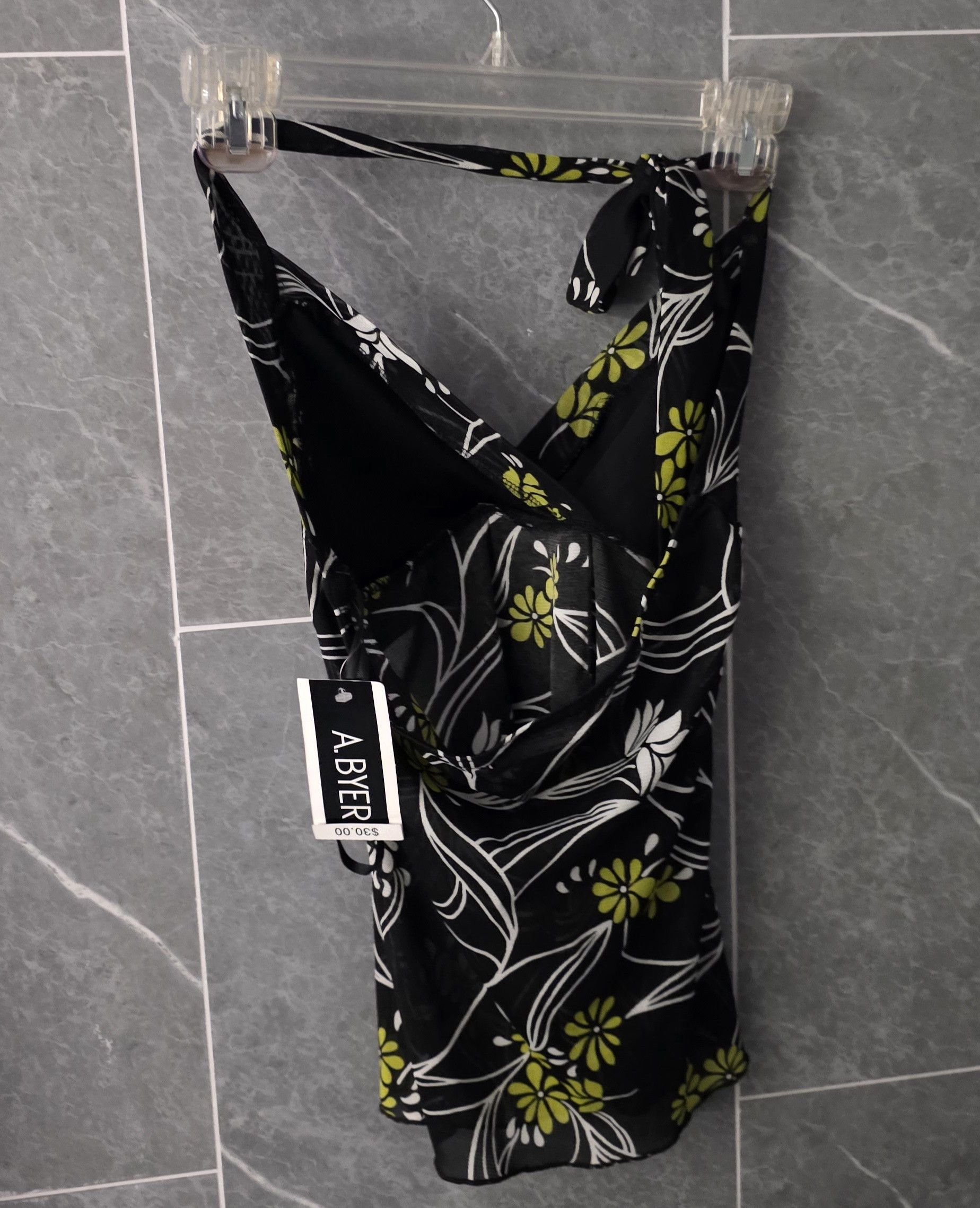 Other NWT A. Byer Black White Green Floral Halter Swim Cover Up S Size ONE SIZE - 2 Thumbnail