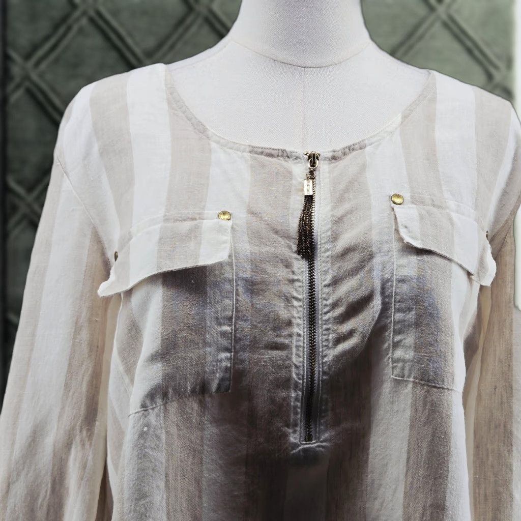 Ellen Tracy Ellen Tracy Blouse Womens L Beige Striped Linen Round Neck 3/4 Roll Tab Sleeve Zip Pockets Tunic Mens? Womens Size L / US 10 / IT 46 - 1 Thumbnail