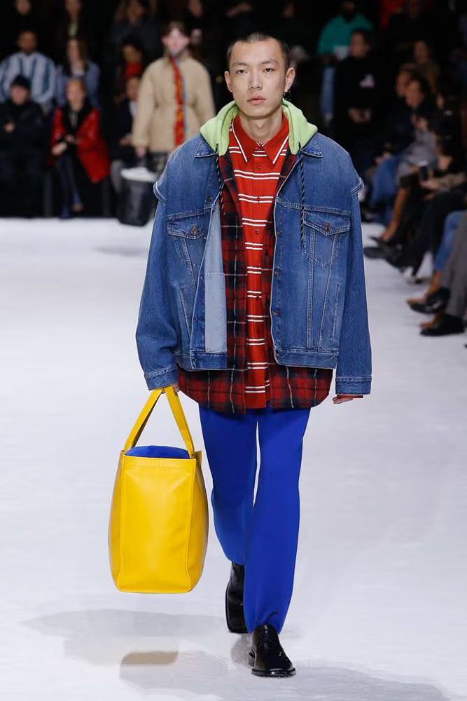 image of Balenciaga 18Aw Runway Hybrid Denim Parka in Denim Red Neon, Men's (Size Small)