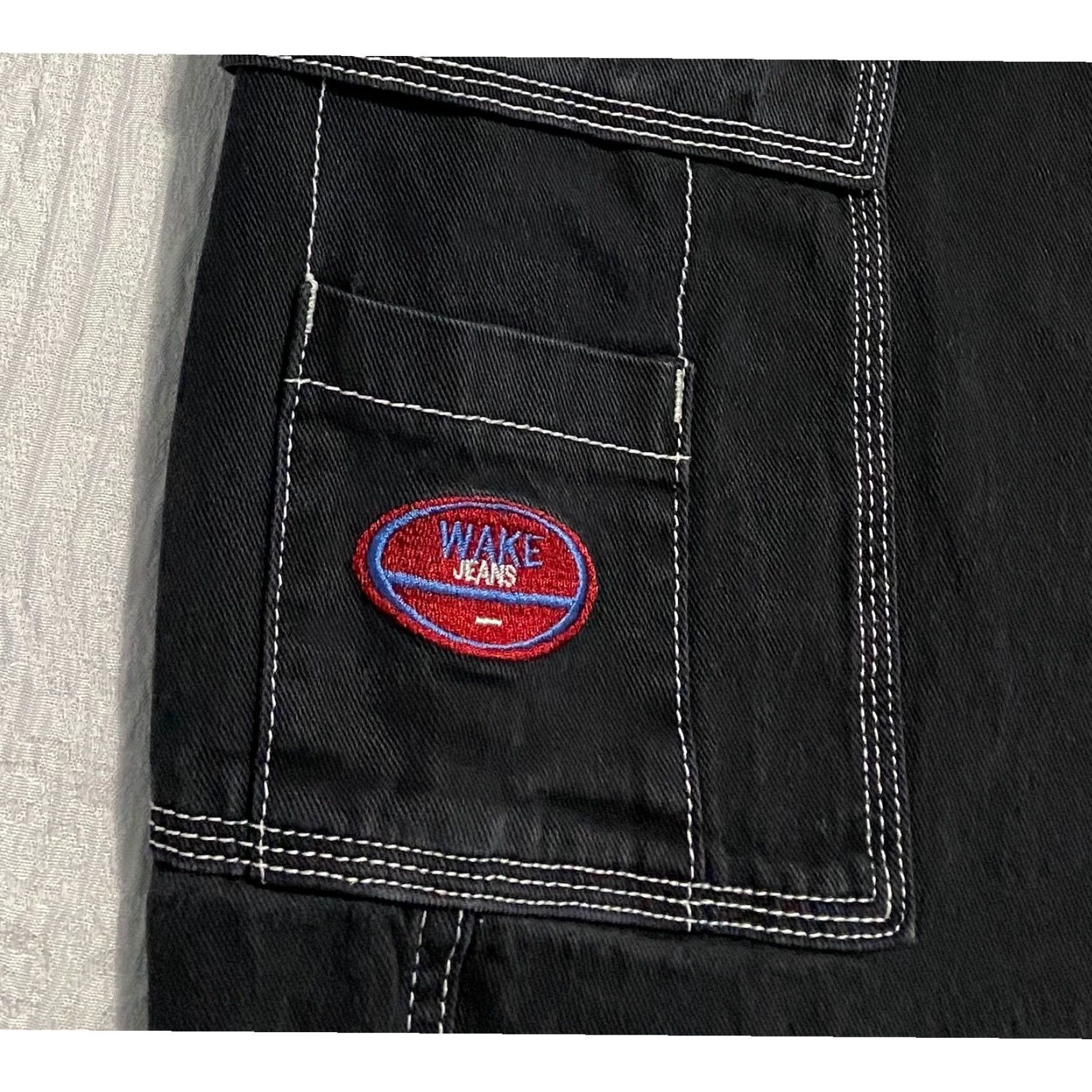 Shein SHEIN Cargo Pants Womens L Black Twill Cotton Blend Contrast Stitching Pockets Streetwear Y2K Casual Baggy Straight Front Logo Strap Size 36" / US 14 / IT 50 - 3 Thumbnail