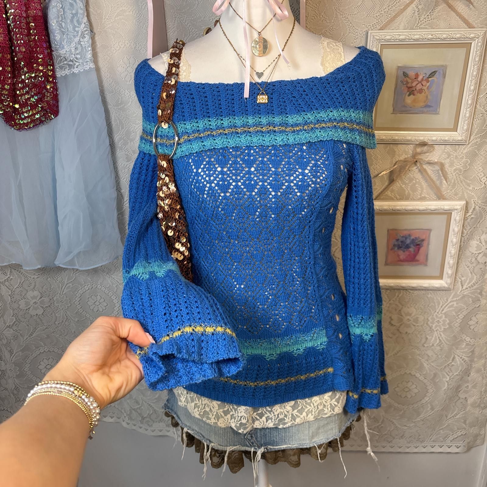 Other y2k blue off the shoulder sweater striped Size M / US 6-8 / IT 42-44 - 2 Thumbnail