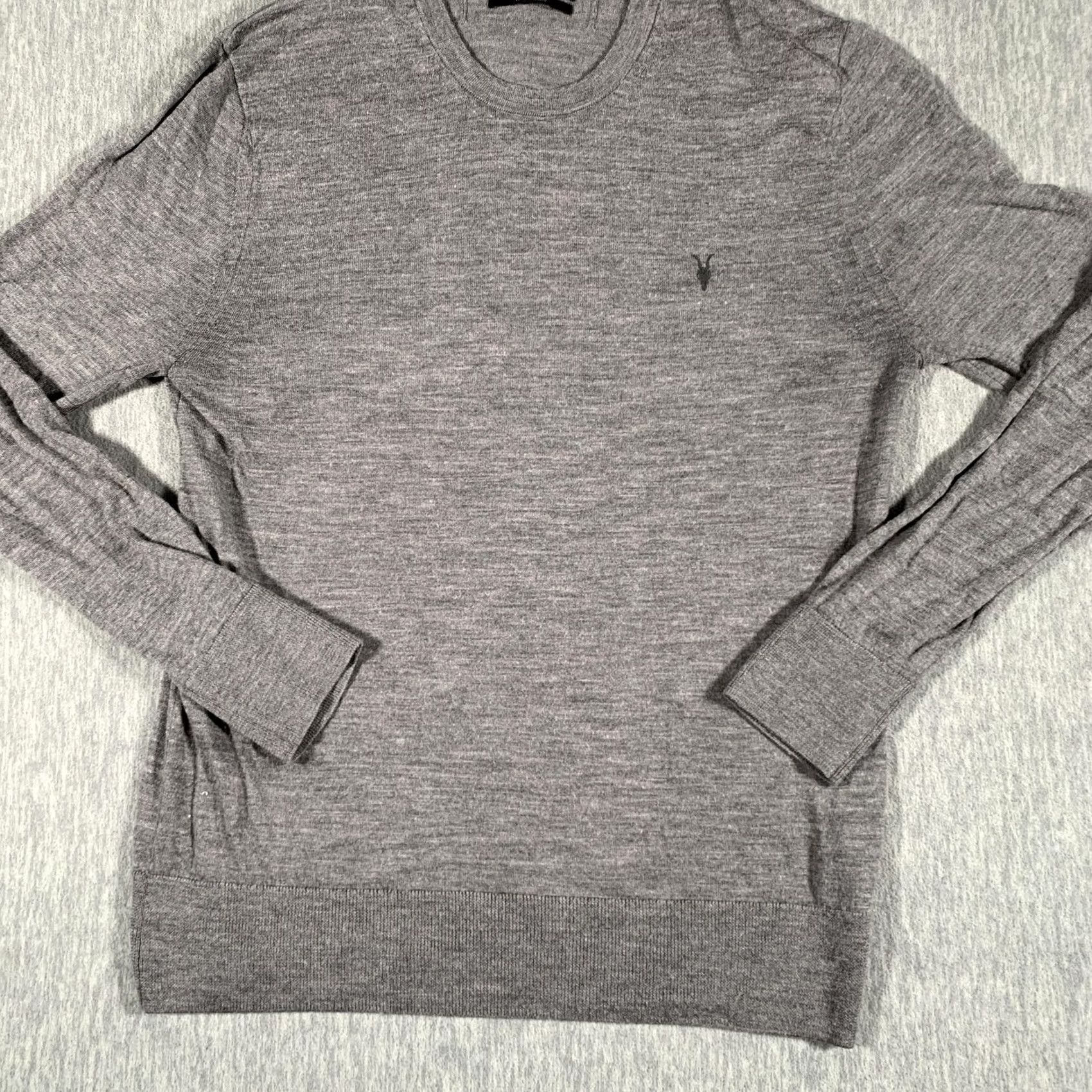 Allsaints VINTAGE? AllSaints Sweater Mens XL Gray 100% Merino Wool Crewneck Logo Knit Lightweight Ribbed Cuffs Hem Neckline Mens Size US XL / EU 56 / 4 - 3 Thumbnail
