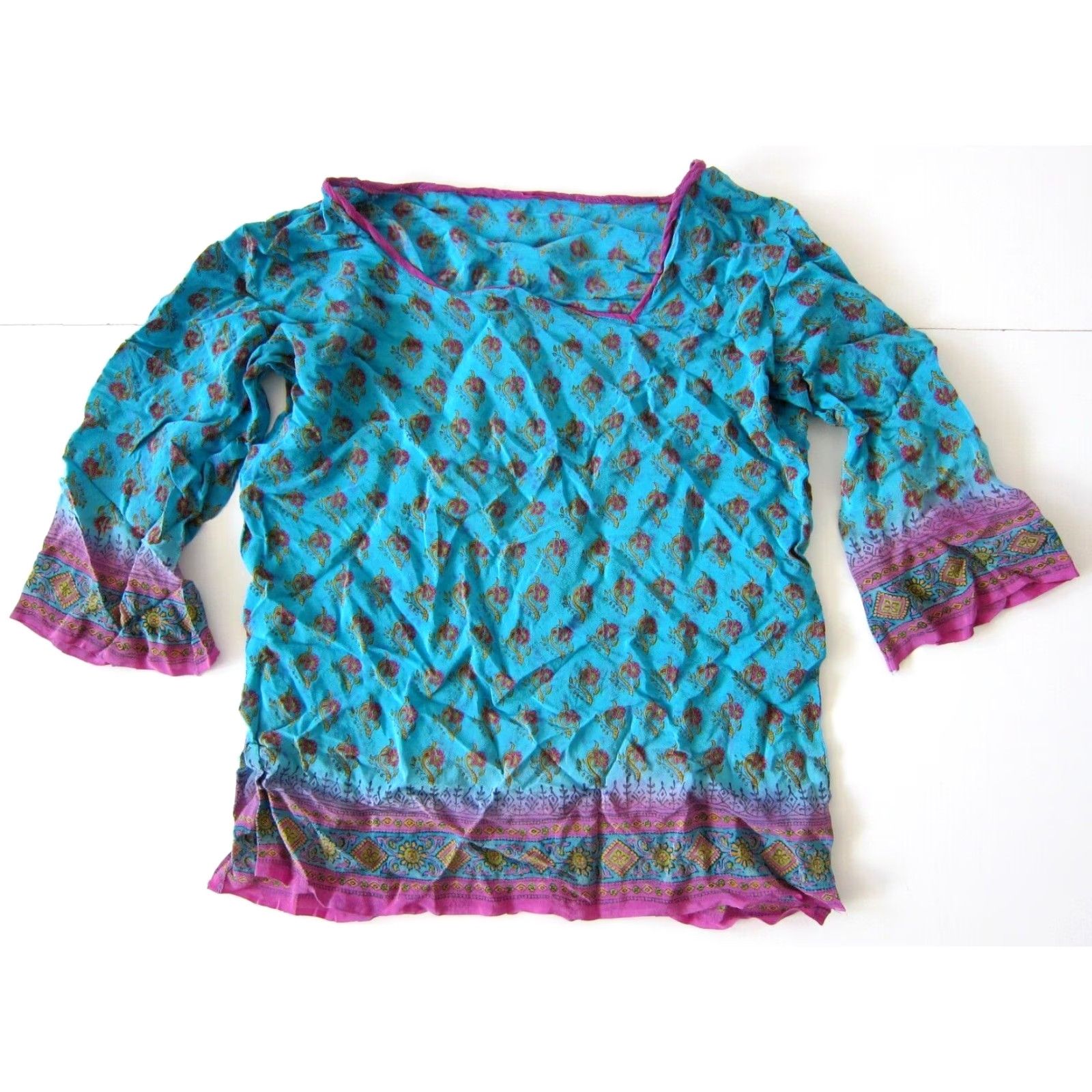 Vintage Vintage Silk Blue Pink Paisley Floral 3/4 Sleeve Tunic Peasant Blouse S Nike Shirt Size S / US 4 / IT 40 - 2 Thumbnail