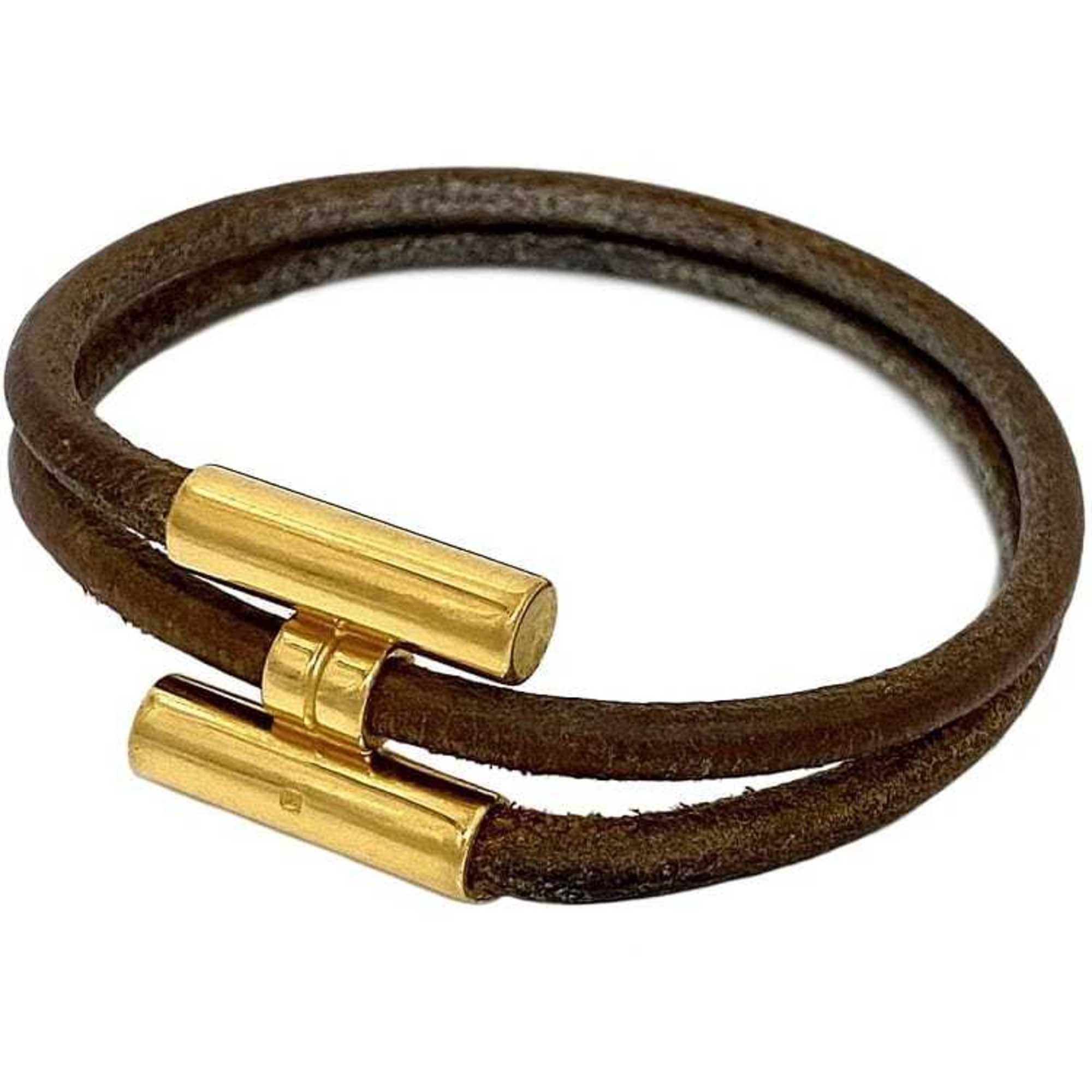 image of Hermes Bracelet Tourni Tresse Brown Gold Leather Gp Hermes H Double Women's