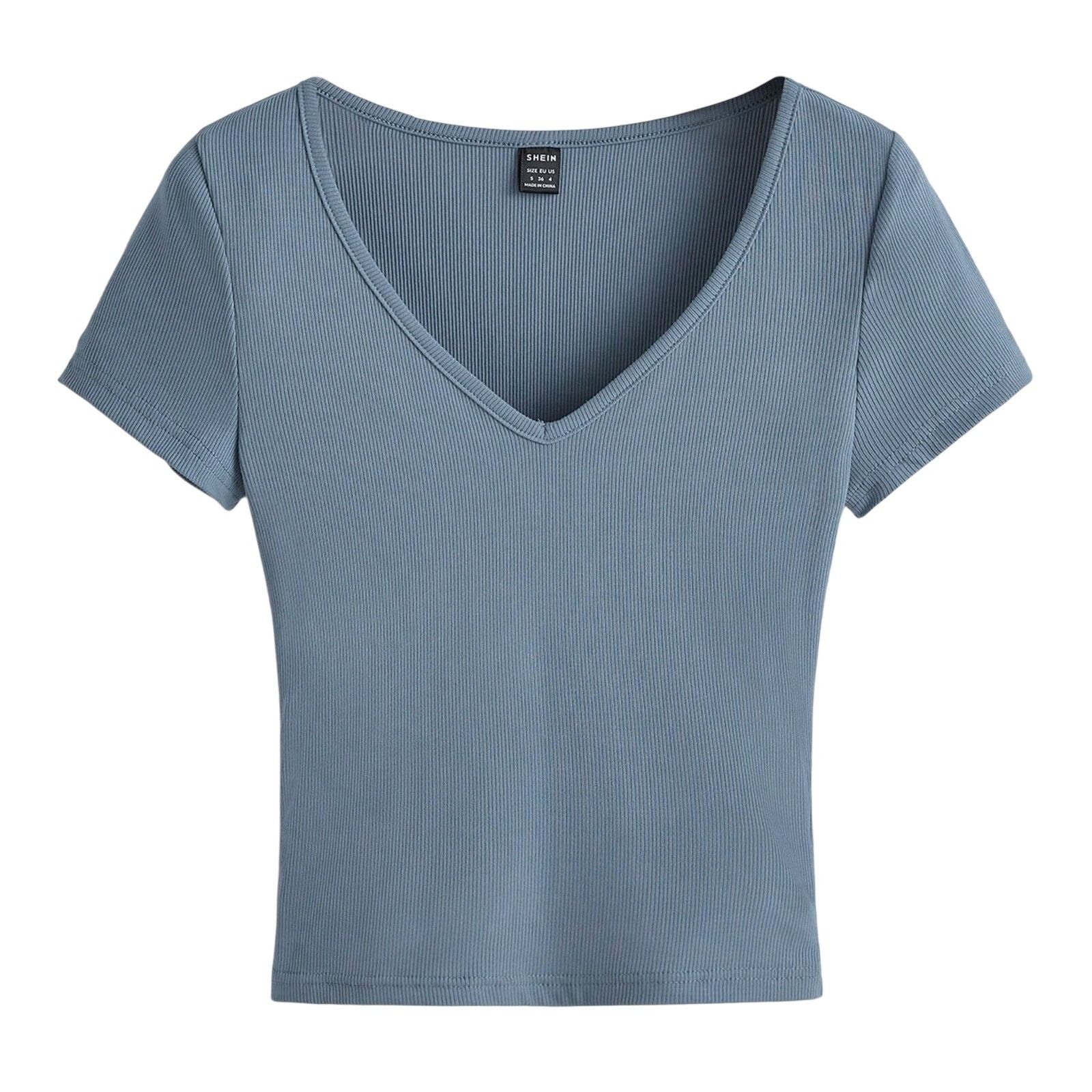 Shein Short Sleeve Solid V-Neck Crop Top in Blue, Size L Size L / US 10 / IT 46 - 1 Thumbnail