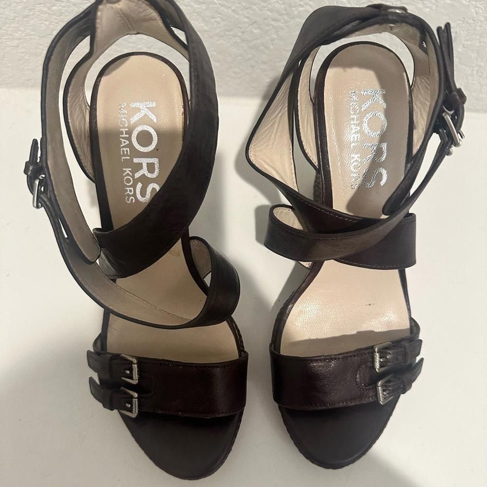 Designer KORS Michael Kors Brown Leather Jute Wedge Sandals Size 8 Size US 8 / IT 38 - 3 Thumbnail