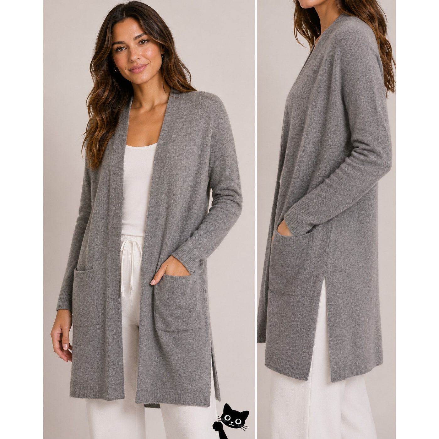 ATM ATM Gray Cashmere Open Long Sleeve Pockets Side Slits Med Size M / US 6-8 / IT 42-44 - 3 Thumbnail