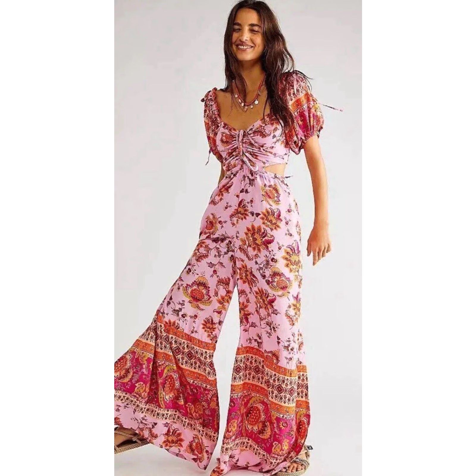 Free People Free People Jumpsuit Women's Casual One-Piece Short Sleeve Pink Bali Citrus Skies Cutout L Size 36" / US 14 / IT 50 - 2 Thumbnail